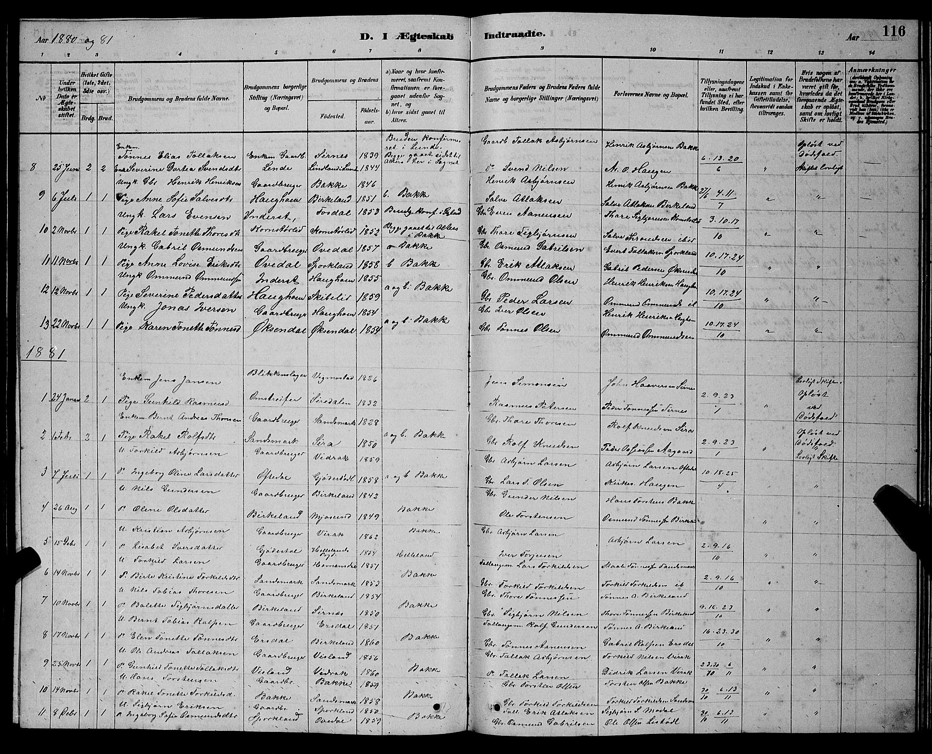 Bakke sokneprestkontor, SAK/1111-0002/F/Fb/Fba/L0002: Parish register (copy) no. B 2, 1879-1893, p. 116