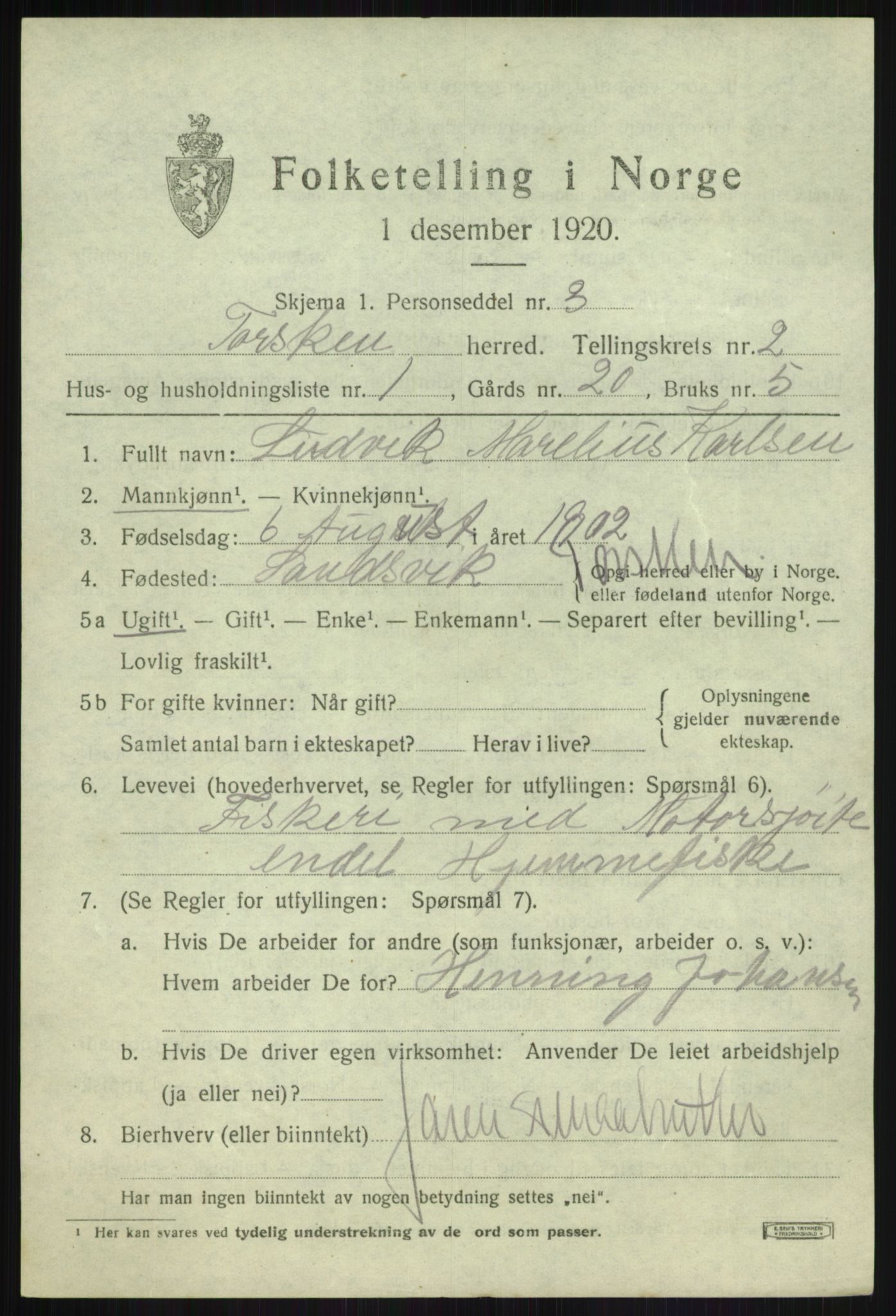 SATØ, 1920 census for Torsken, 1920, p. 691