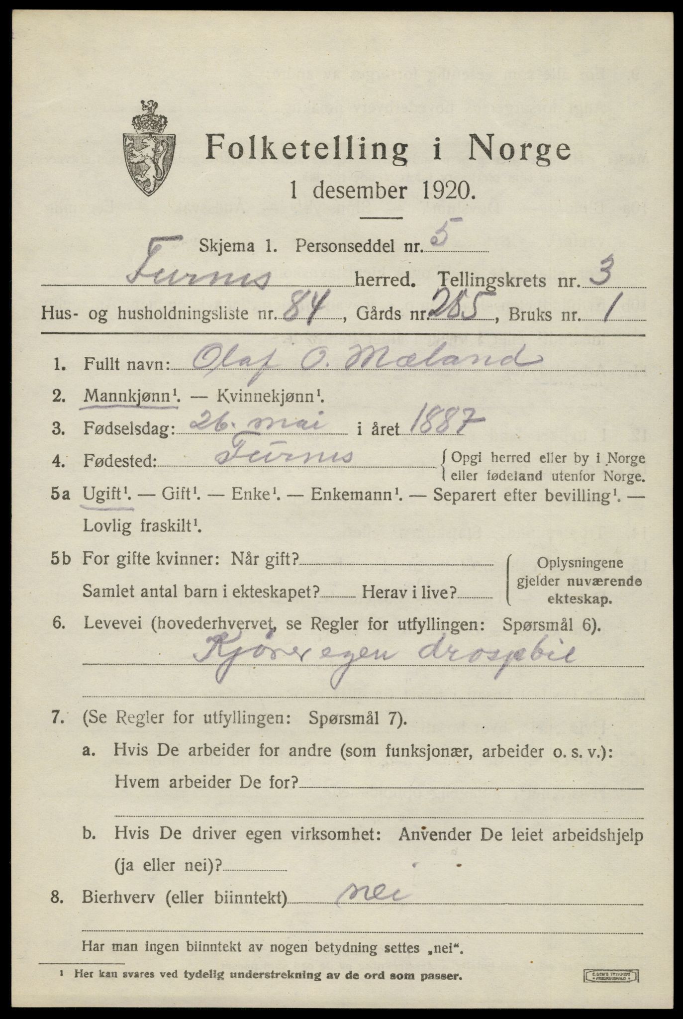 SAH, 1920 census for Furnes, 1920, p. 5655