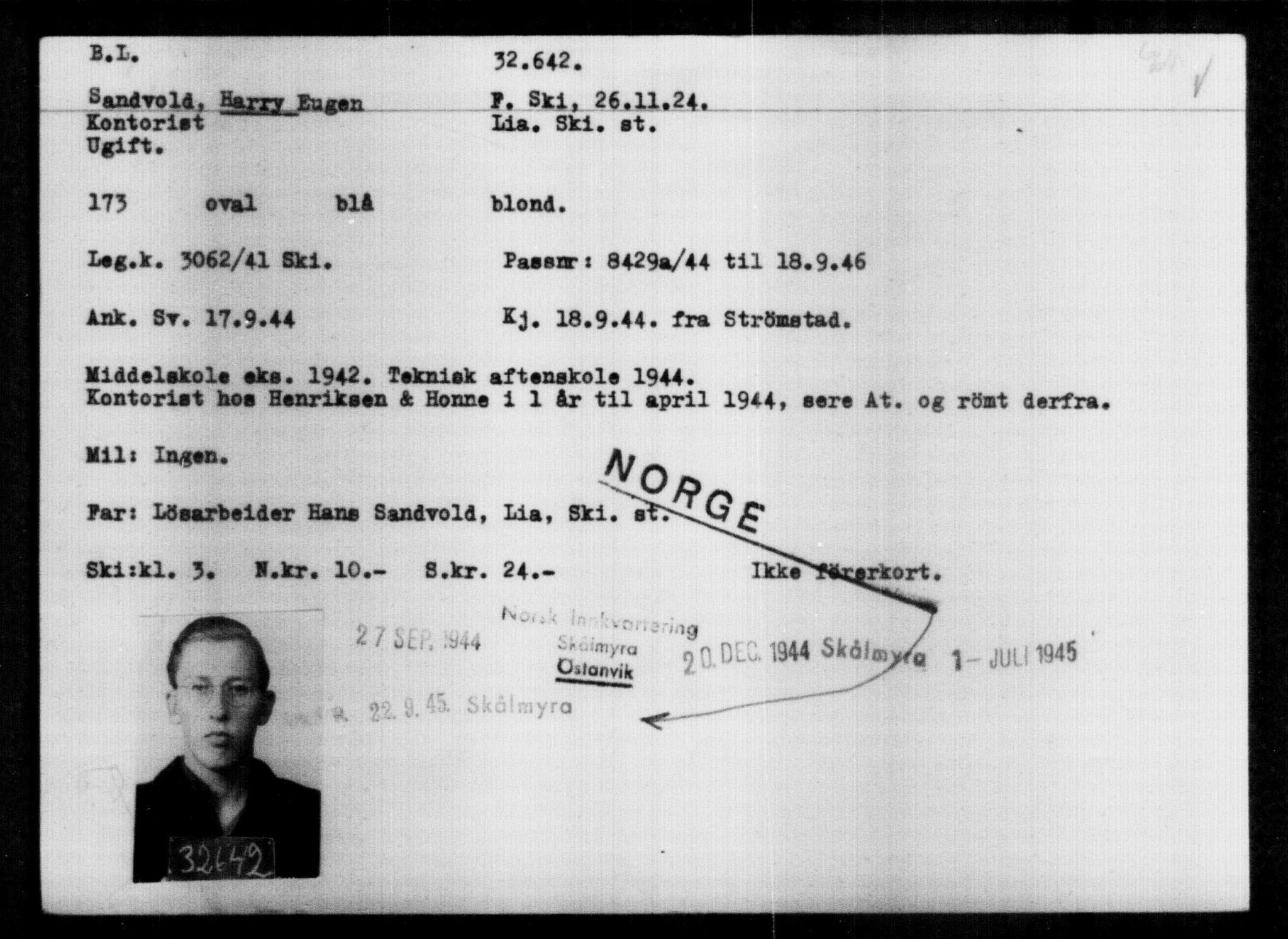 Utenriksstasjonene, Legasjonen i Stockholm, Flyktningkontoret, AV/RA-S-6753/V/Va/L0013: Kjesäterkartoteket, flyktninger med registreringsnr. 31500-34731, 1940-1945, p. 1205
