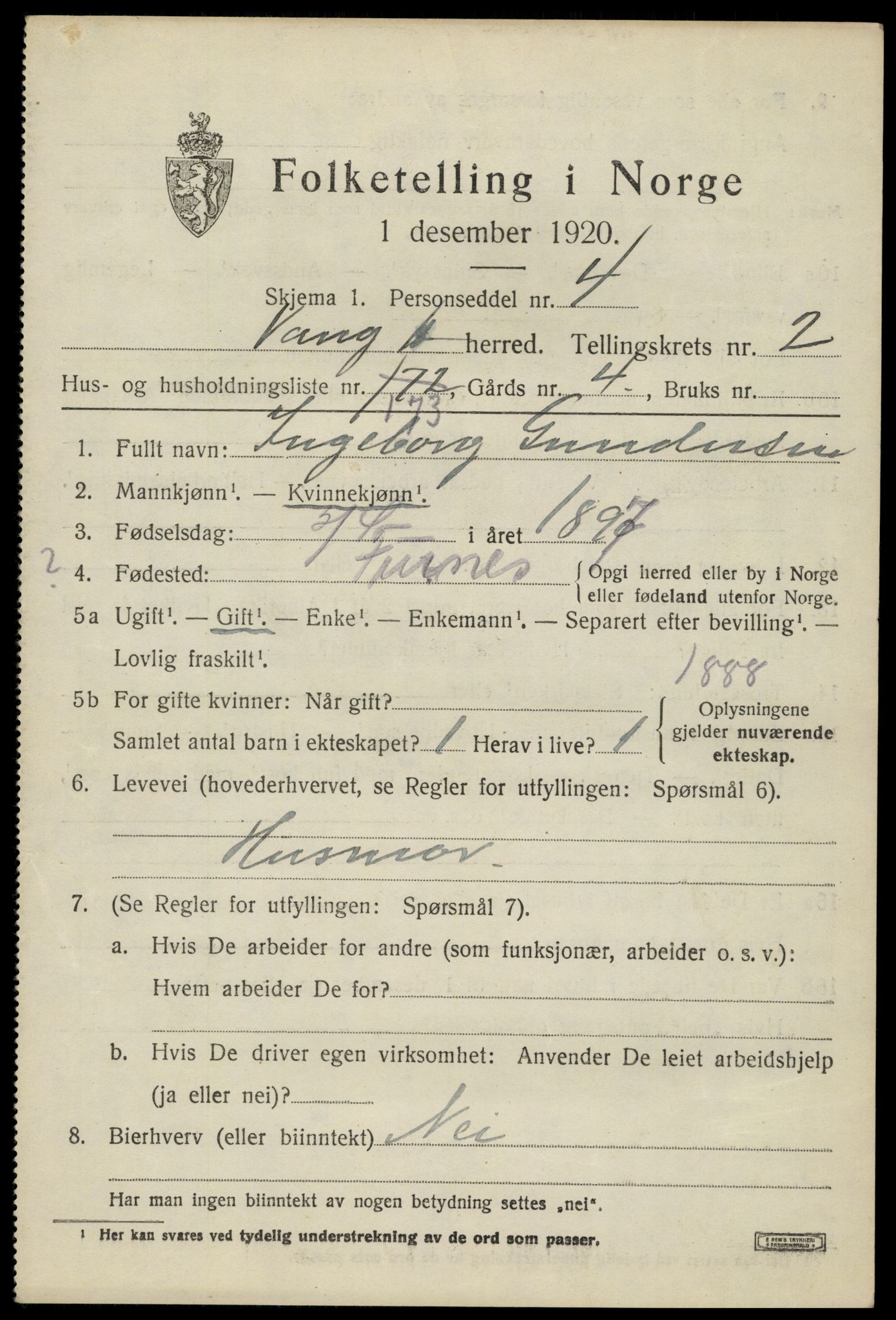 SAH, 1920 census for Vang (Hedmark), 1920, p. 9047