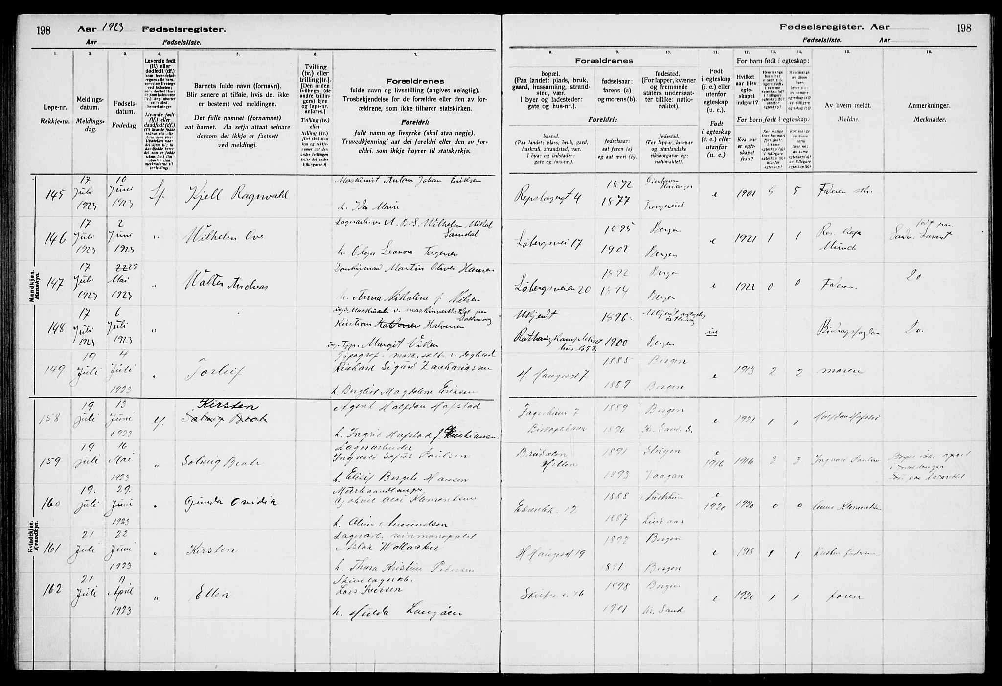 Sandviken Sokneprestembete, AV/SAB-A-77601/I/Ib/L00A2: Birth register no. A 2, 1920-1923, p. 198