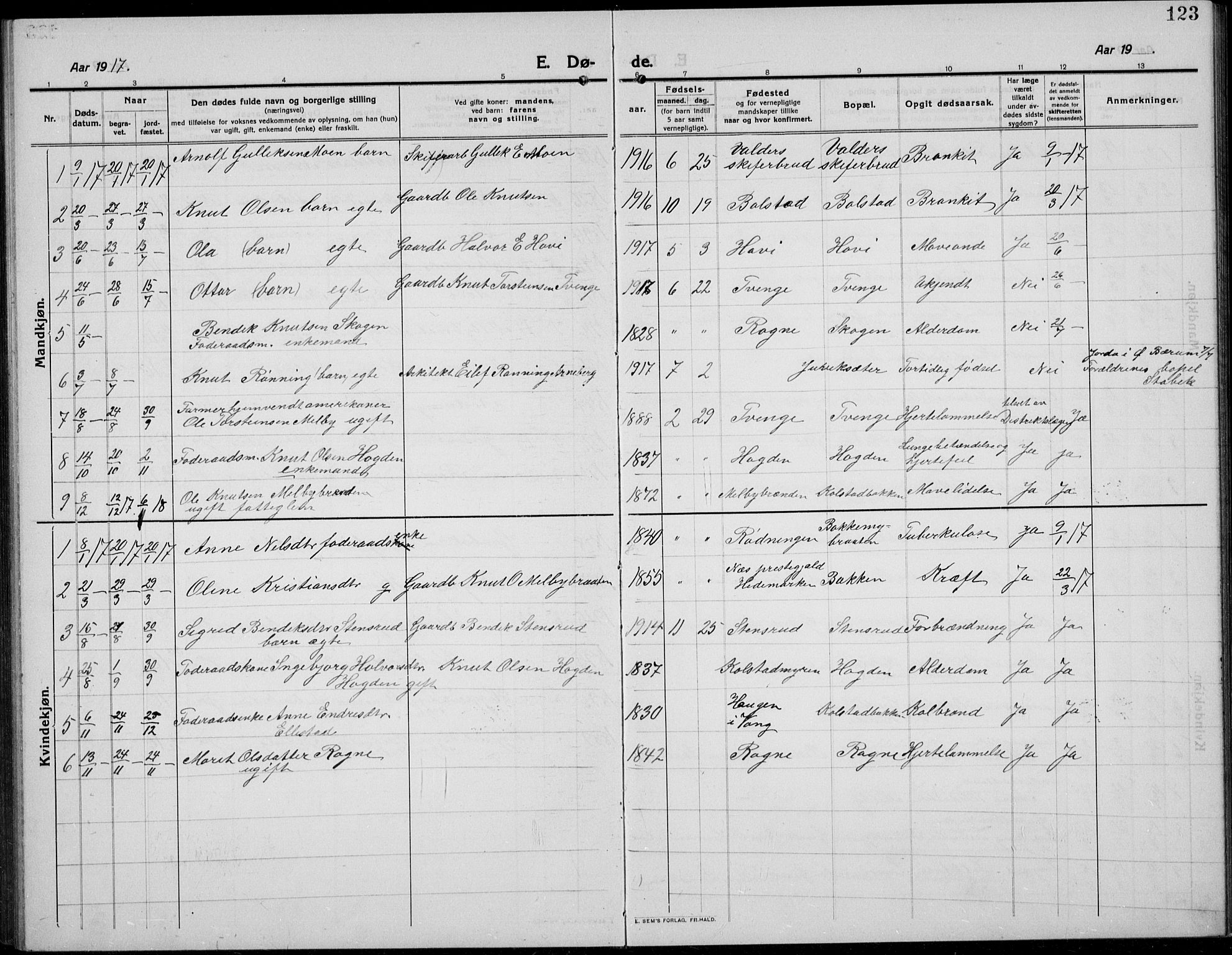 Øystre Slidre prestekontor, AV/SAH-PREST-138/H/Ha/Hab/L0008: Parish register (copy) no. 8, 1911-1938, p. 123