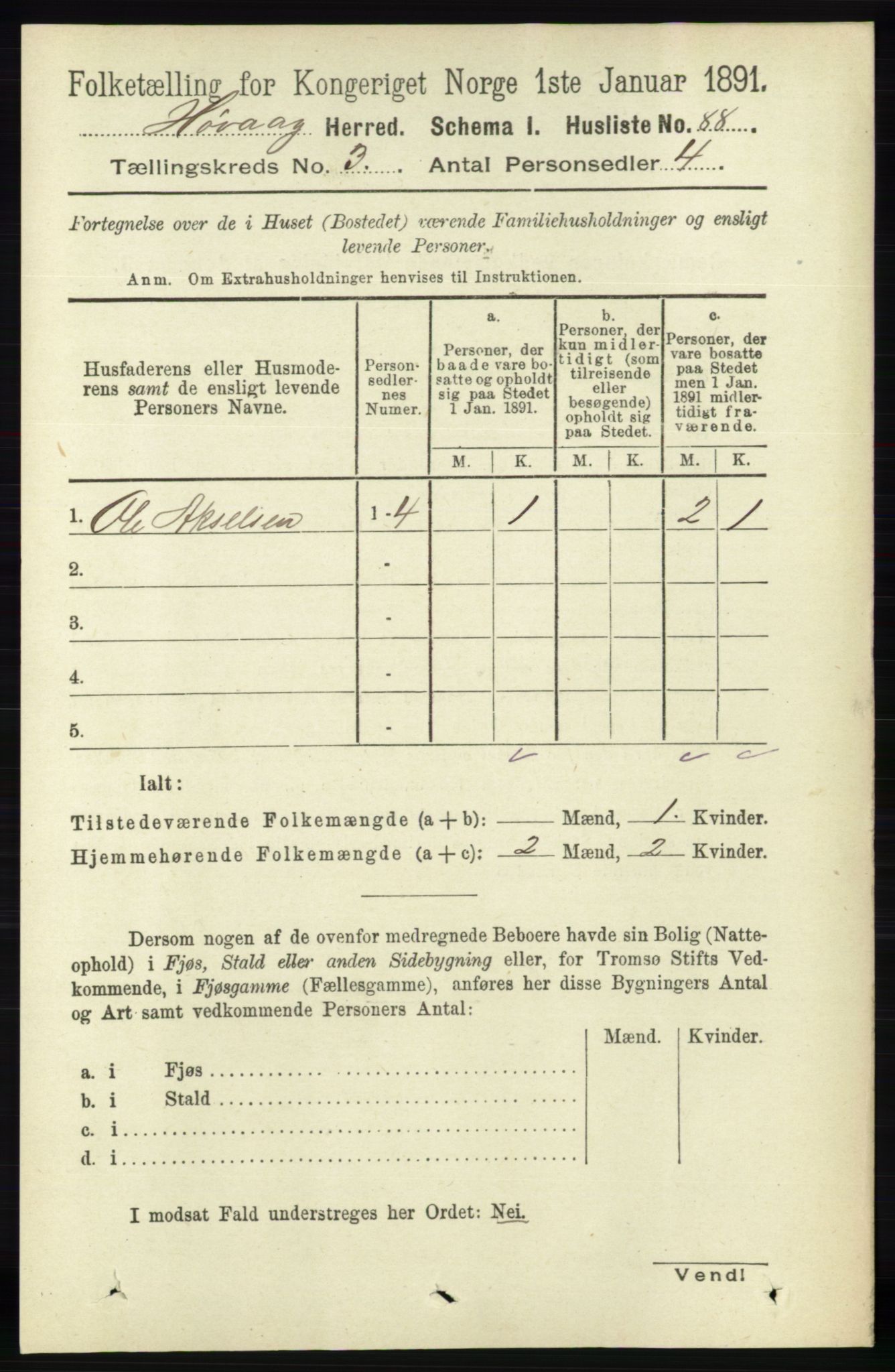 RA, 1891 census for 0927 Høvåg, 1891, p. 1006