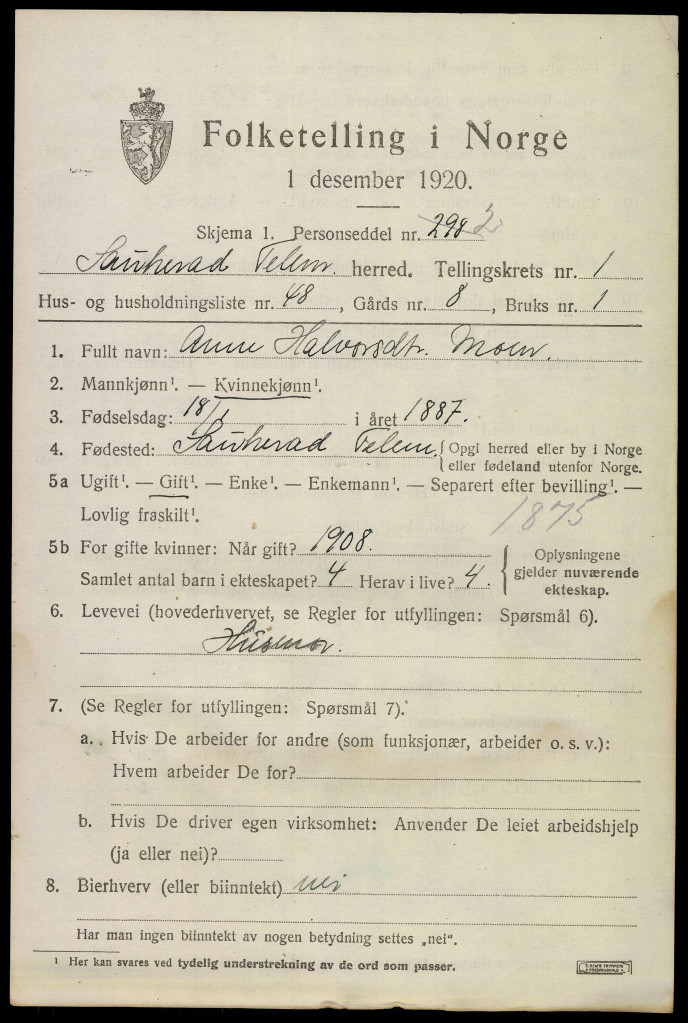 SAKO, 1920 census for Sauherad, 1920, p. 2121