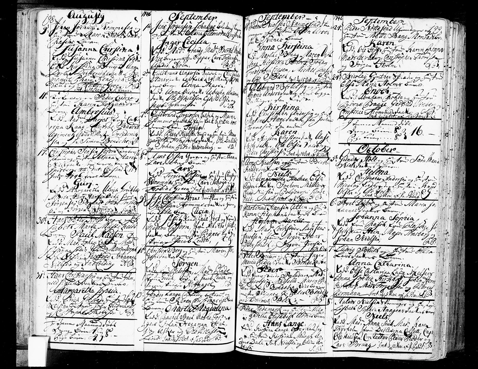 Oslo domkirke Kirkebøker, SAO/A-10752/F/Fa/L0004: Parish register (official) no. 4, 1743-1786, p. 198-199
