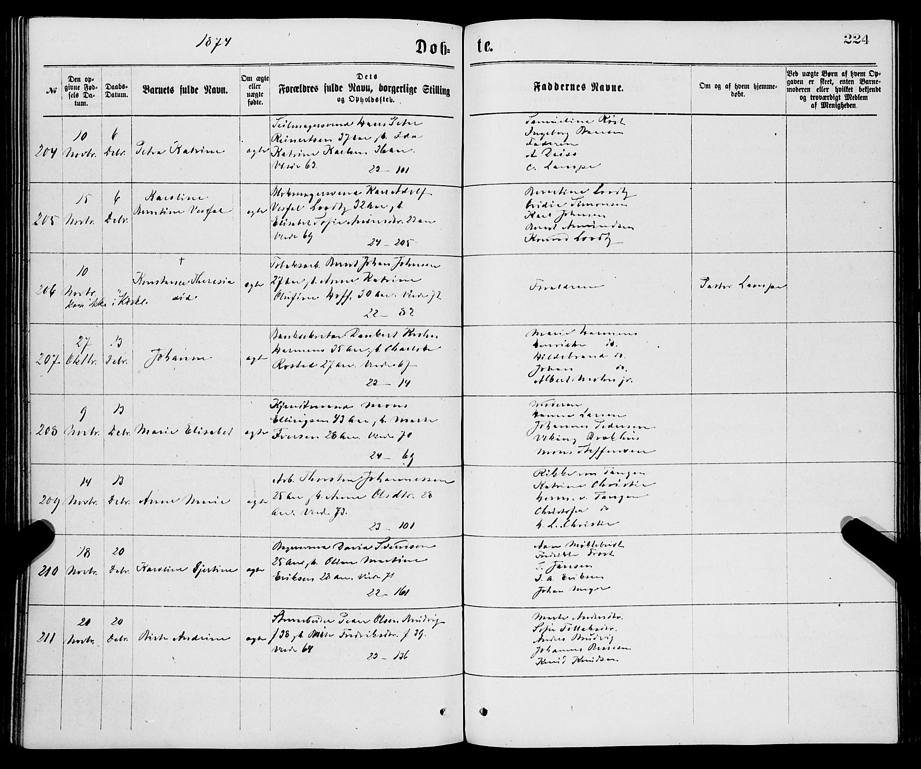 Korskirken sokneprestembete, AV/SAB-A-76101/H/Haa/L0020: Parish register (official) no. B 6, 1871-1878, p. 224