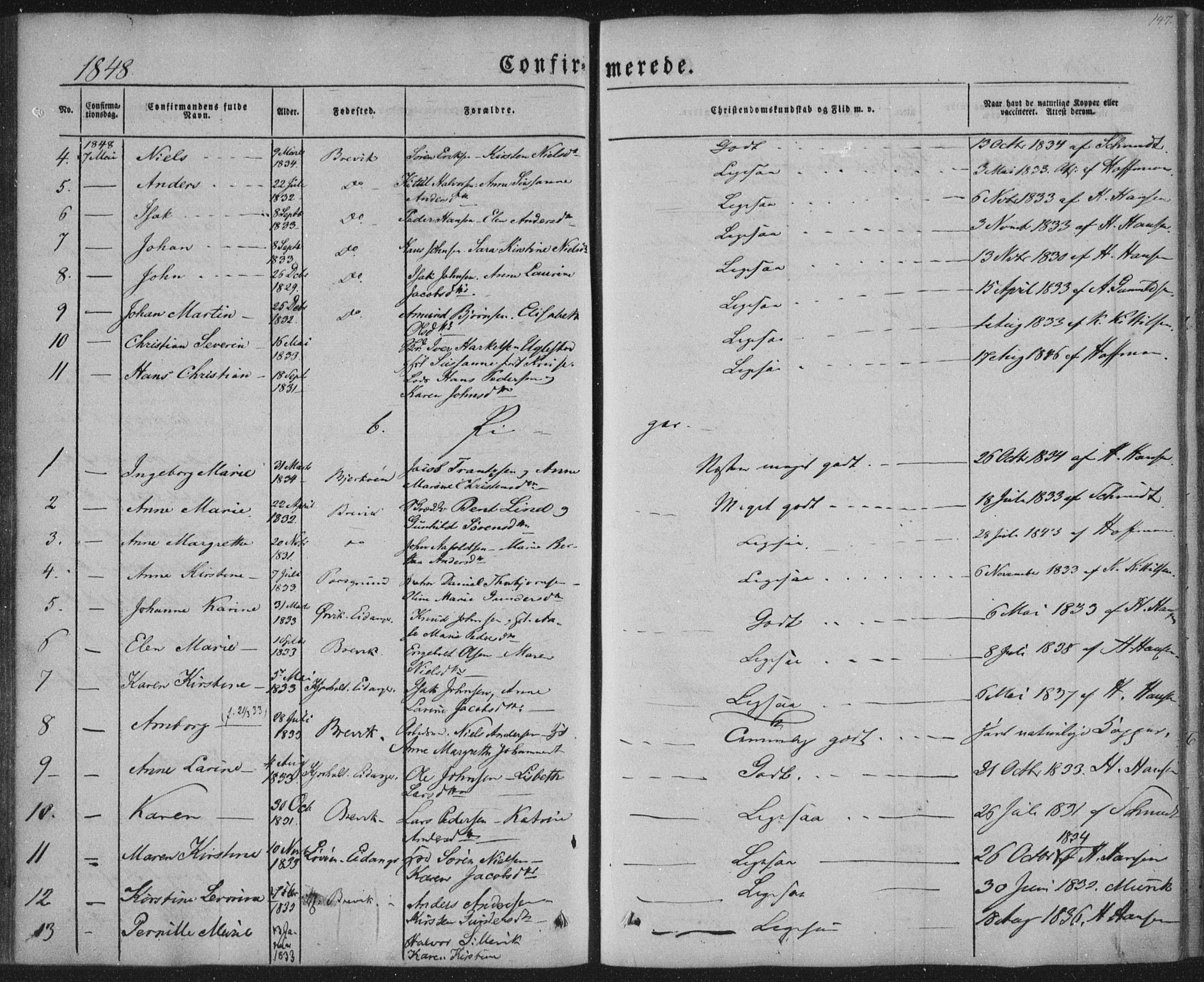 Brevik kirkebøker, SAKO/A-255/F/Fa/L0005: Parish register (official) no. 5, 1847-1865, p. 147