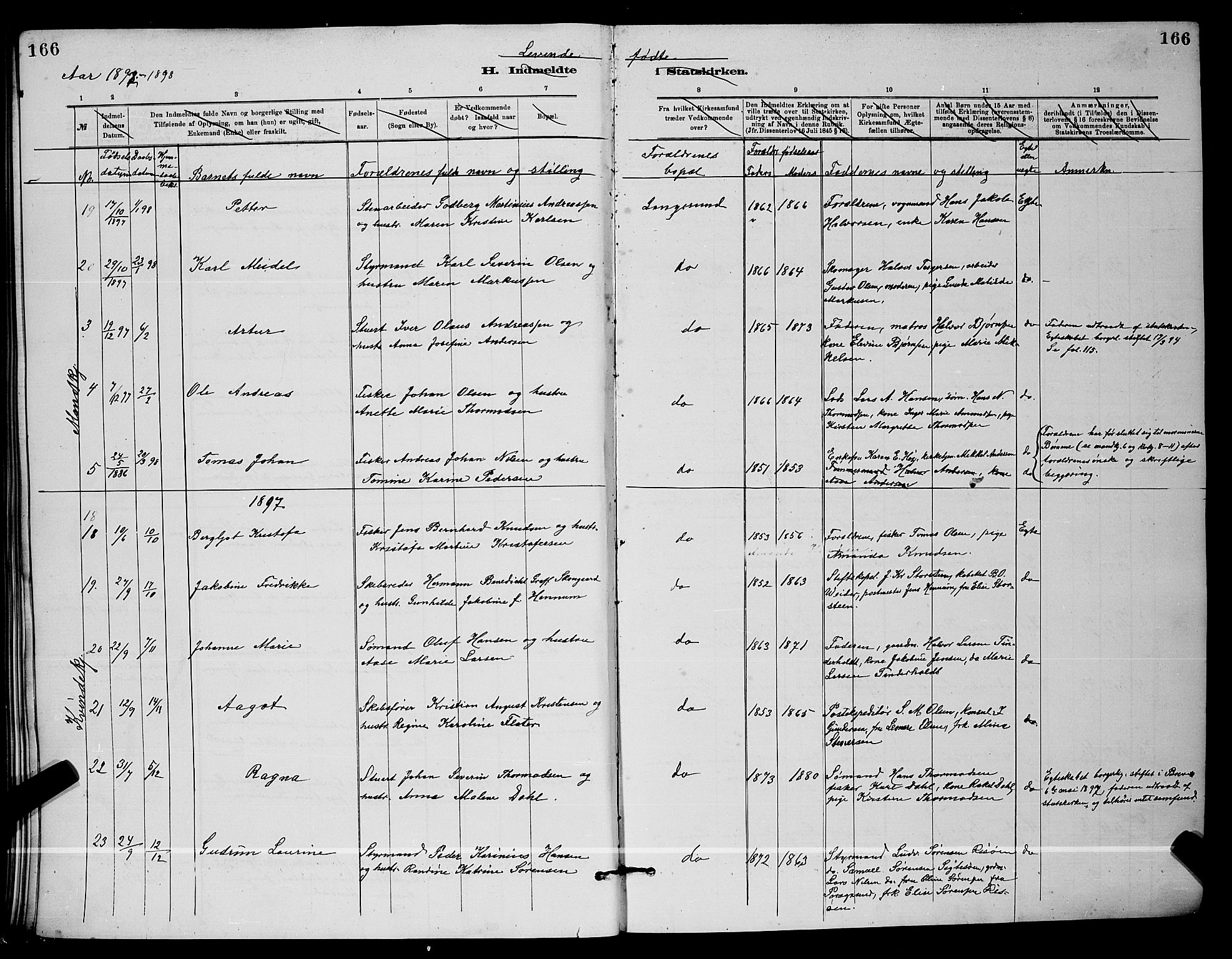 Langesund kirkebøker, SAKO/A-280/G/Ga/L0005: Parish register (copy) no. 5, 1884-1898, p. 166