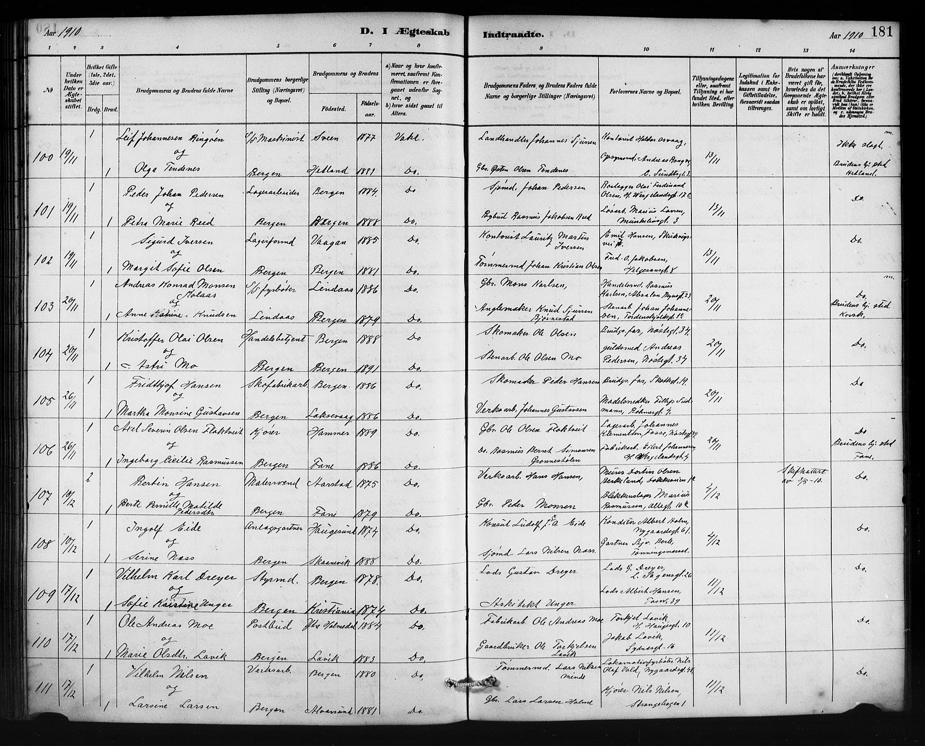 Johanneskirken sokneprestembete, SAB/A-76001/H/Hab: Parish register (copy) no. C 1, 1885-1912, p. 181