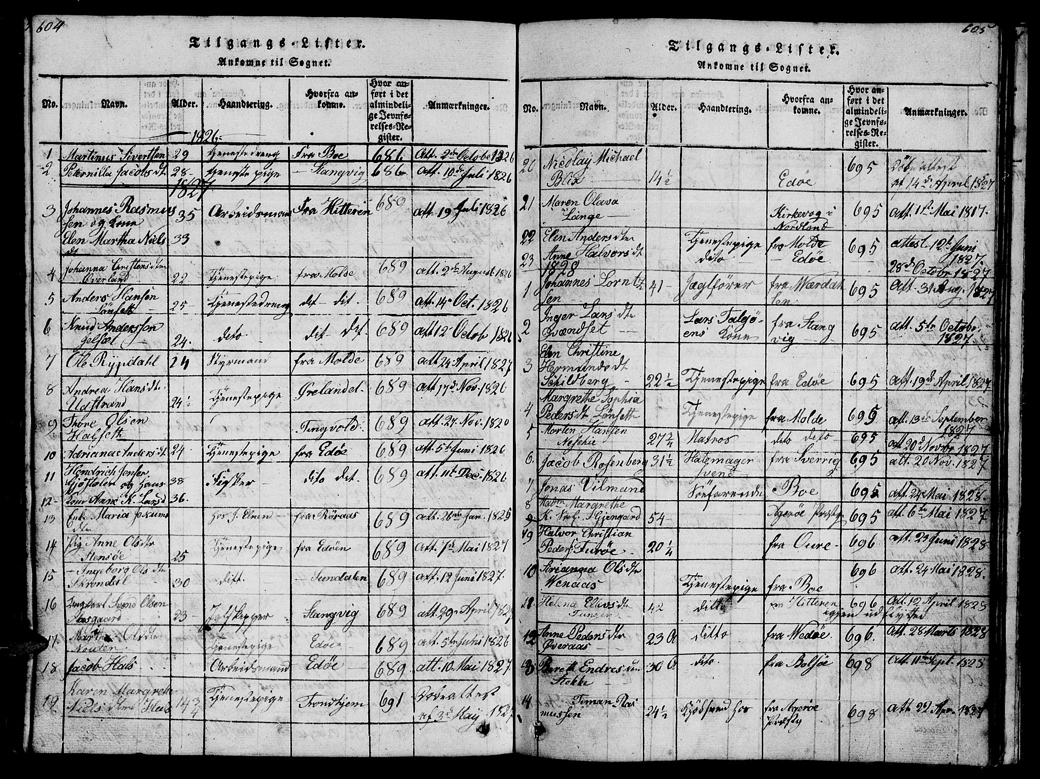 Ministerialprotokoller, klokkerbøker og fødselsregistre - Møre og Romsdal, AV/SAT-A-1454/572/L0856: Parish register (copy) no. 572C01, 1819-1832, p. 604-605