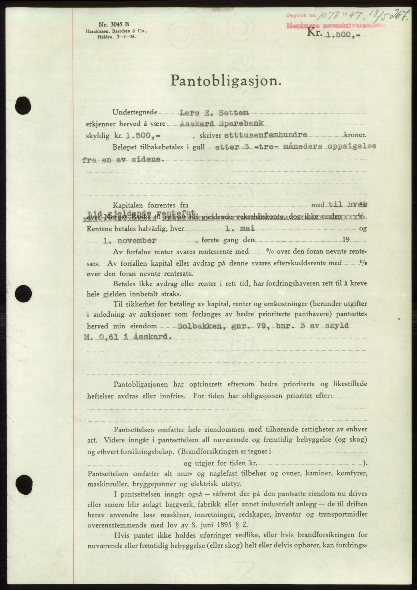 Nordmøre sorenskriveri, AV/SAT-A-4132/1/2/2Ca: Mortgage book no. B96, 1947-1947, Diary no: : 1073/1947