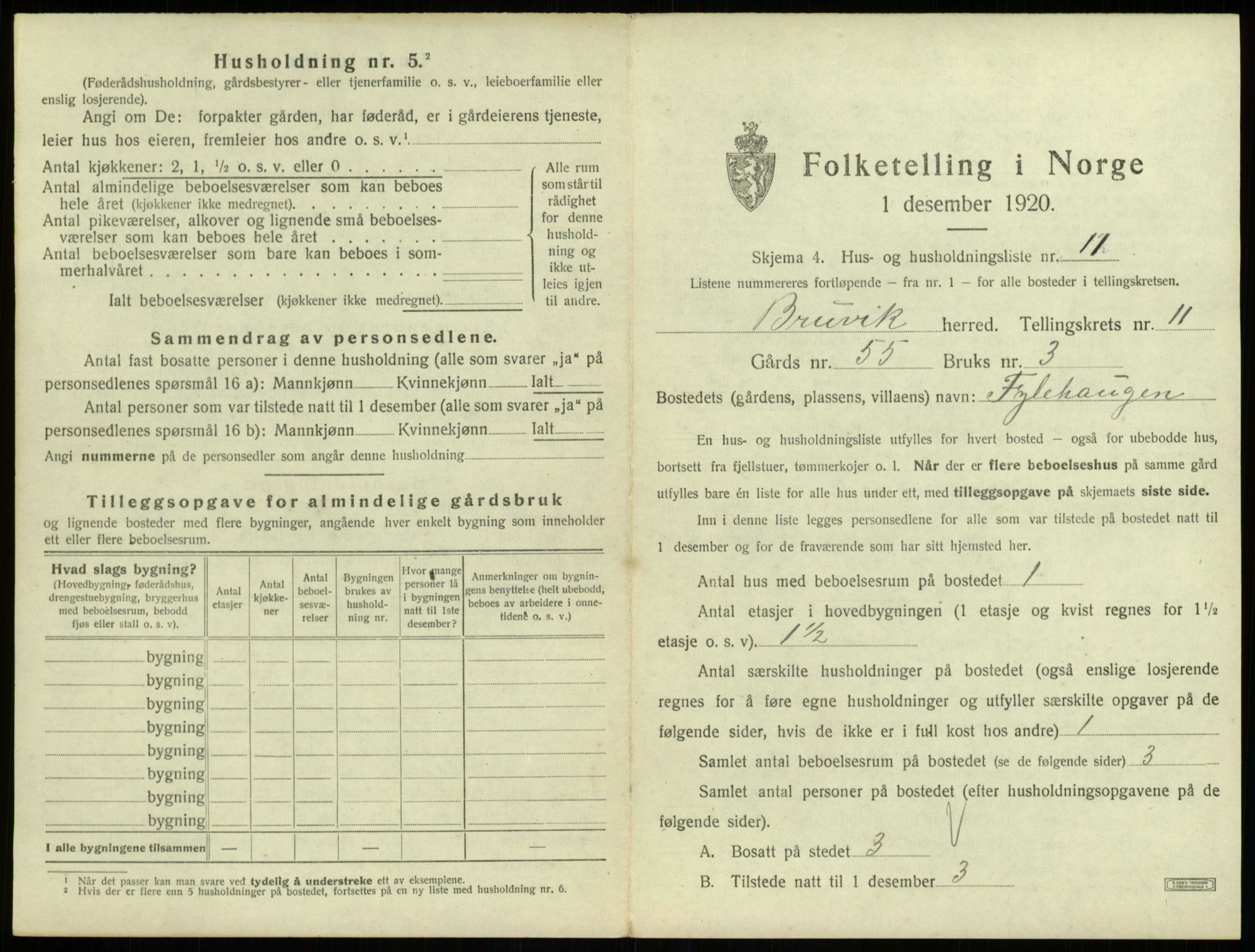 SAB, 1920 census for Bruvik, 1920, p. 843