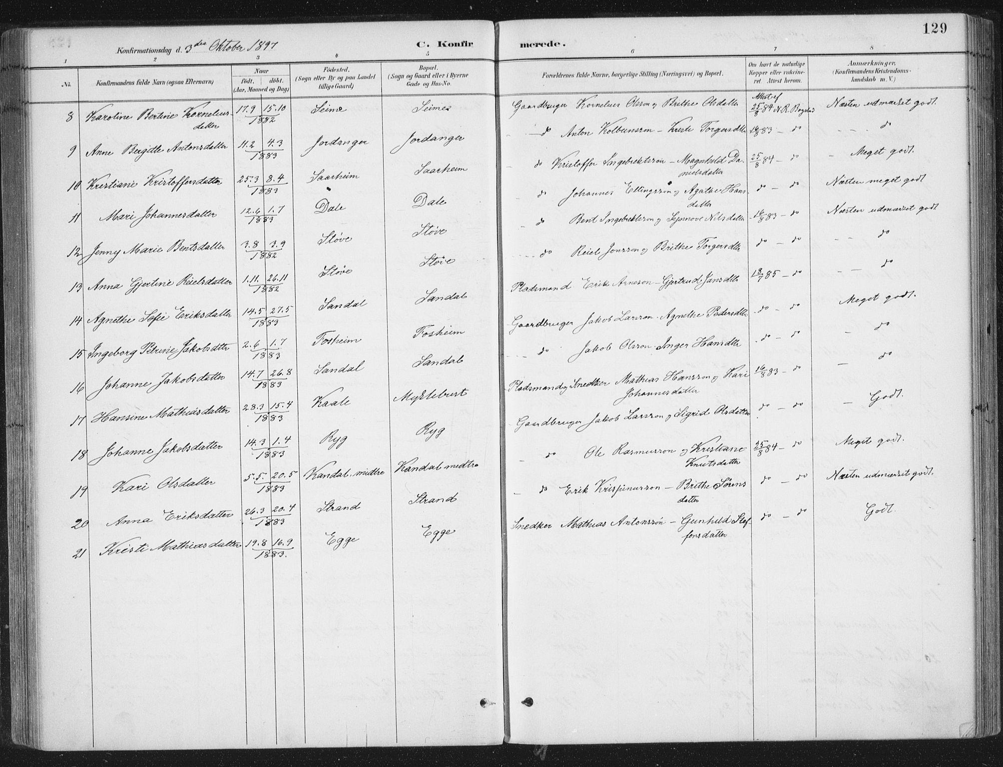 Gloppen sokneprestembete, SAB/A-80101/H/Haa/Haac/L0002: Parish register (official) no. C  2, 1887-1904, p. 129