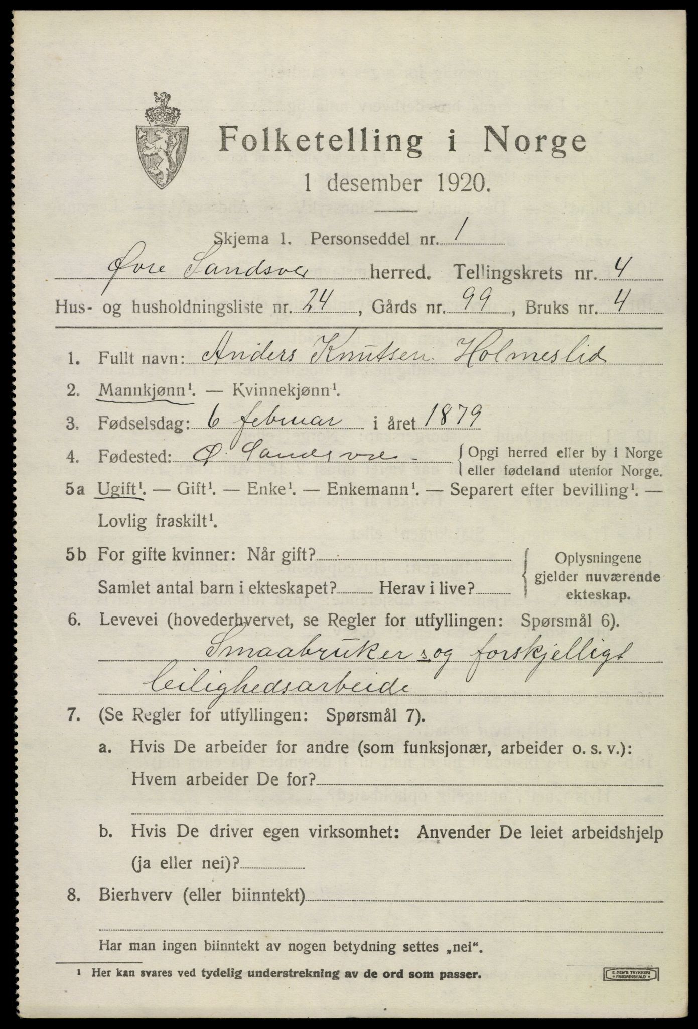 SAKO, 1920 census for Øvre Sandsvær, 1920, p. 2832