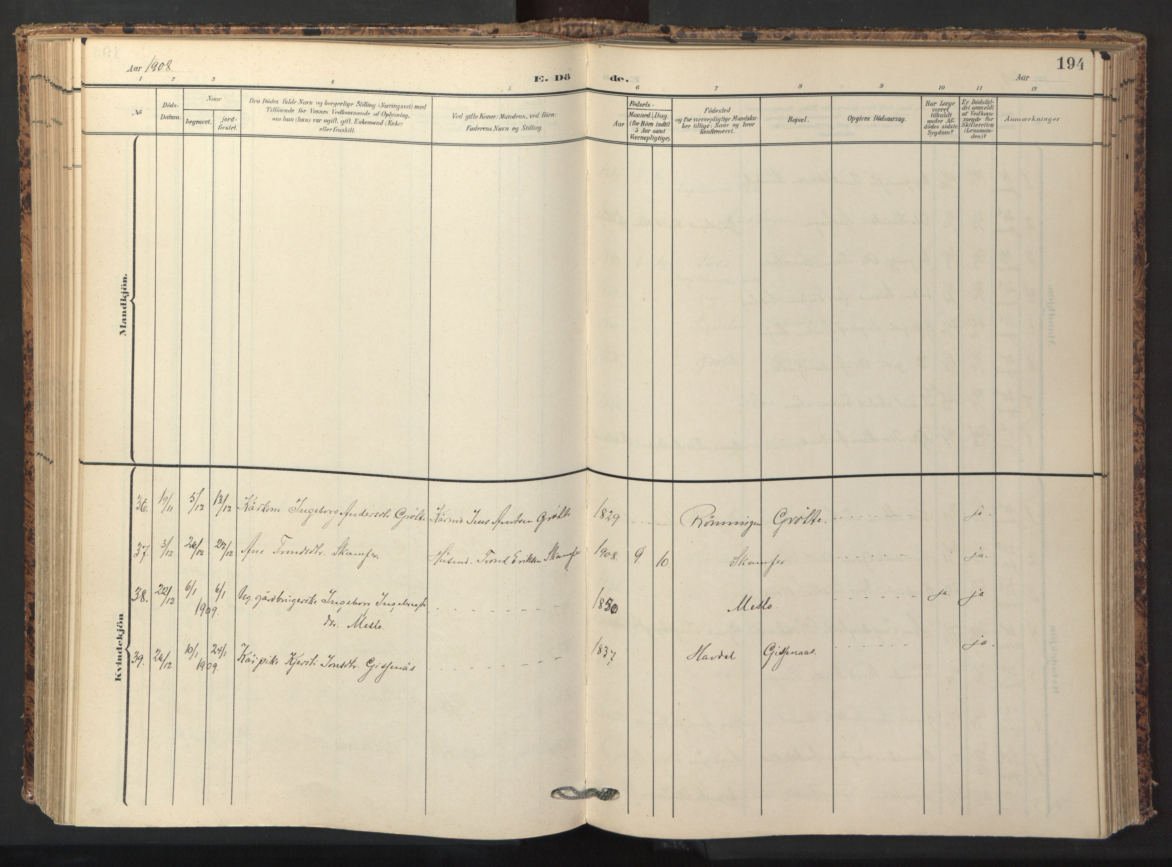 Ministerialprotokoller, klokkerbøker og fødselsregistre - Sør-Trøndelag, AV/SAT-A-1456/674/L0873: Parish register (official) no. 674A05, 1908-1923, p. 194