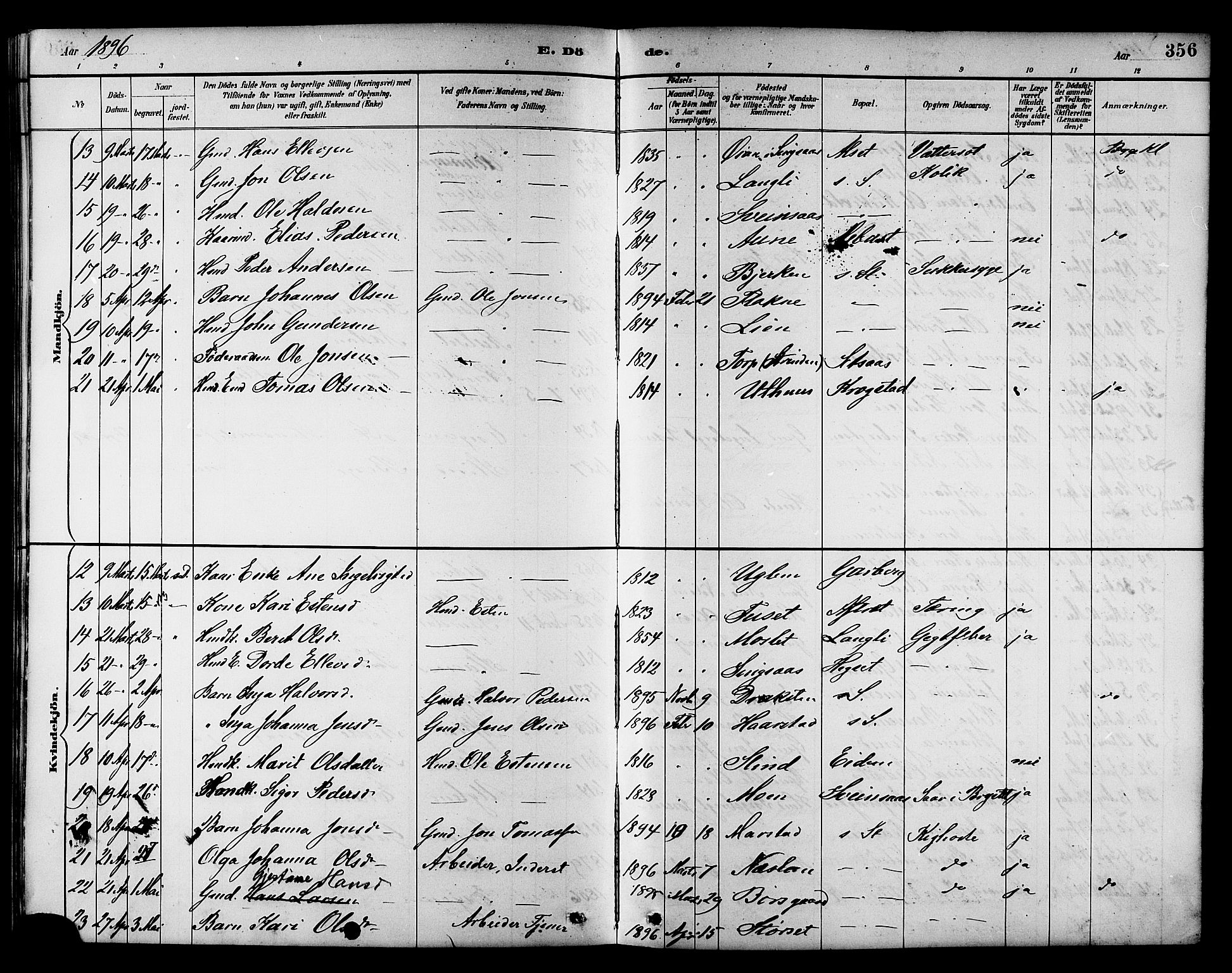 Ministerialprotokoller, klokkerbøker og fødselsregistre - Sør-Trøndelag, SAT/A-1456/695/L1157: Parish register (copy) no. 695C08, 1889-1913, p. 356
