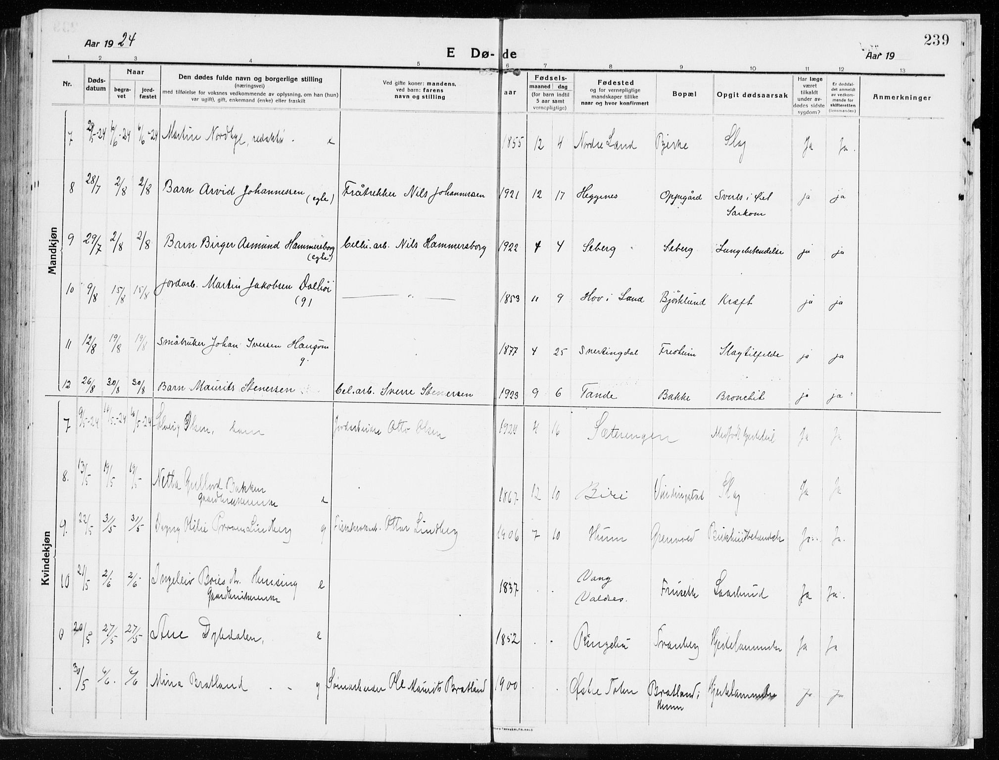 Vardal prestekontor, SAH/PREST-100/H/Ha/Haa/L0017: Parish register (official) no. 17, 1915-1929, p. 239