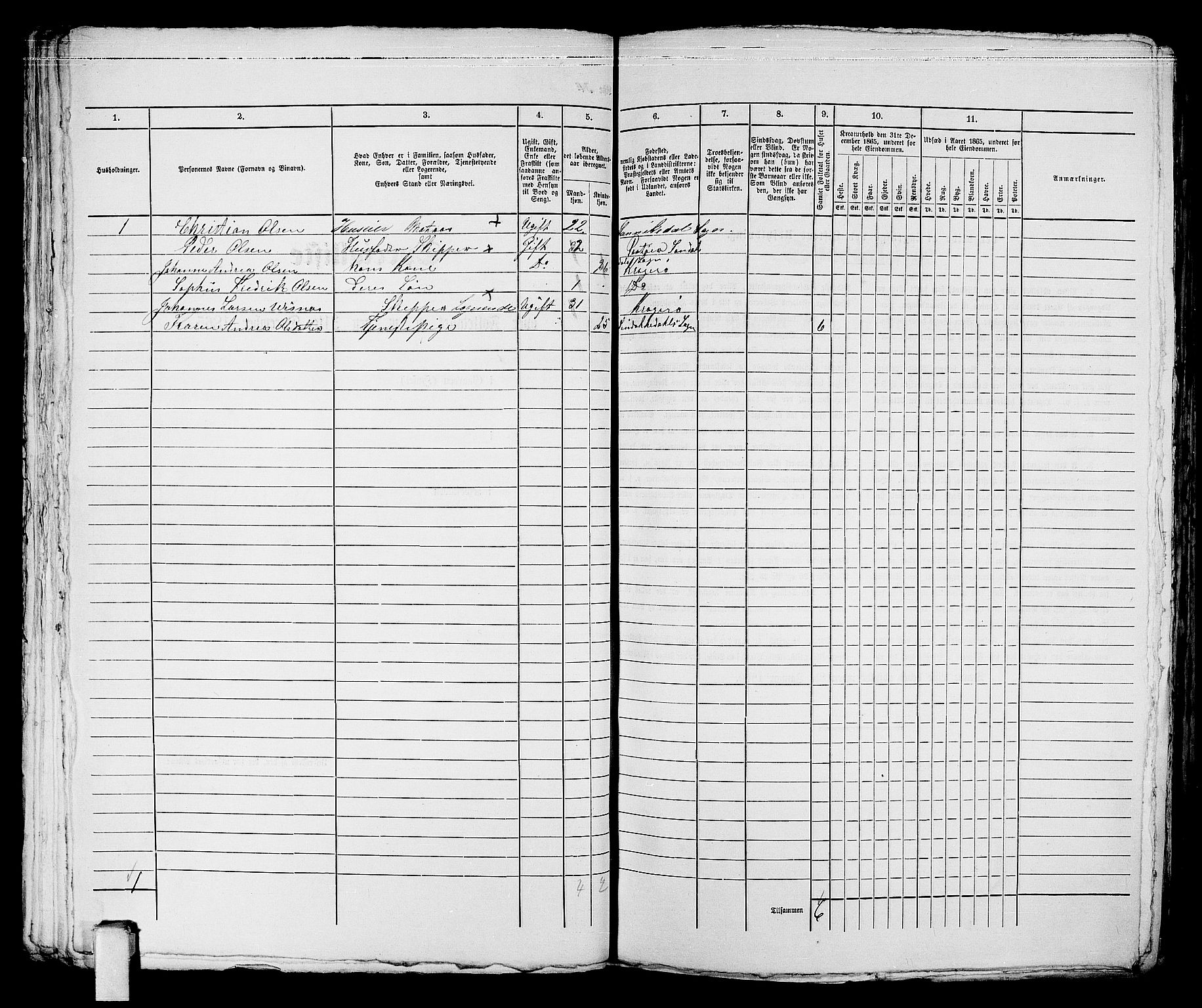 RA, 1865 census for Kragerø/Kragerø, 1865, p. 702