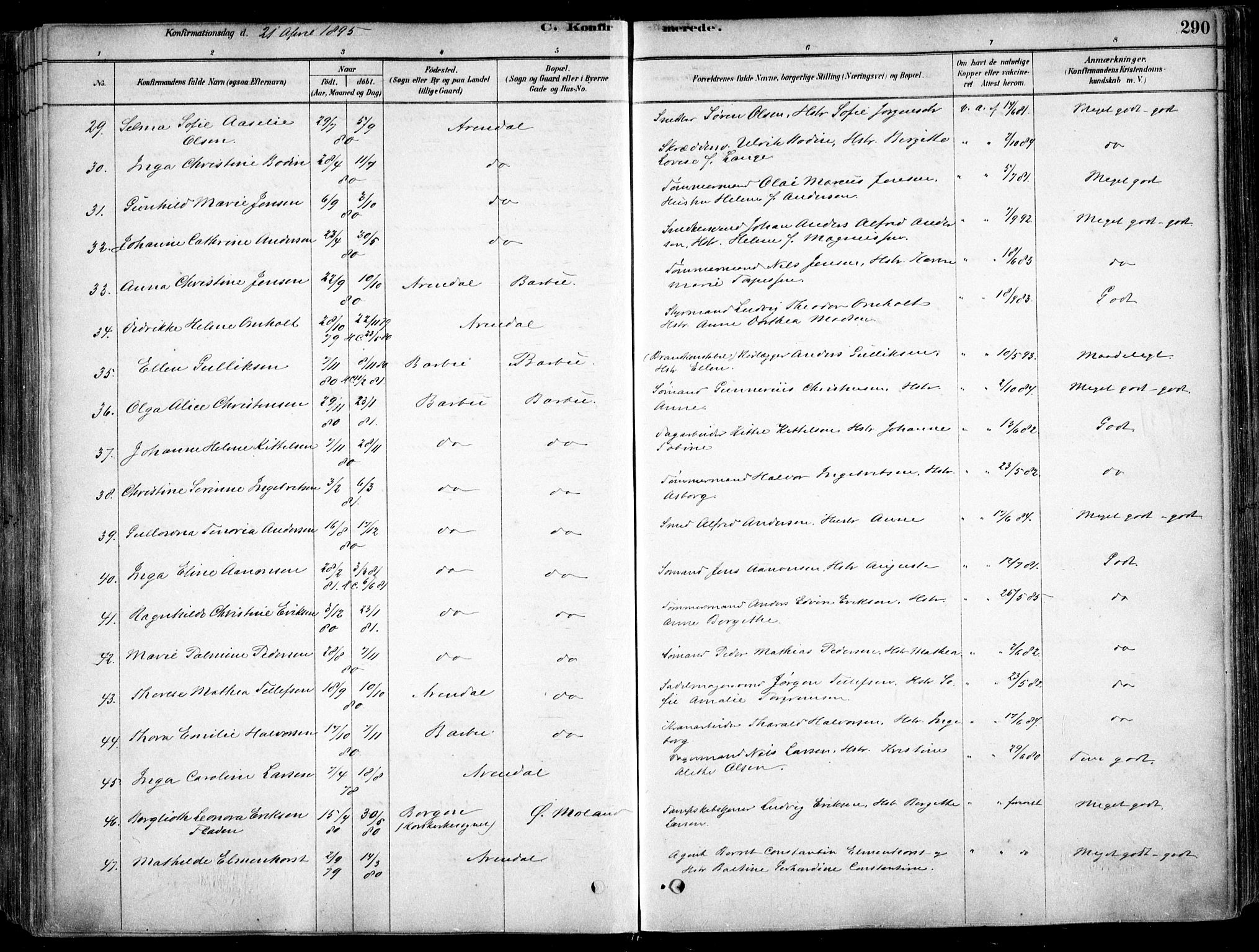 Arendal sokneprestkontor, Trefoldighet, AV/SAK-1111-0040/F/Fa/L0008: Parish register (official) no. A 8, 1878-1899, p. 290