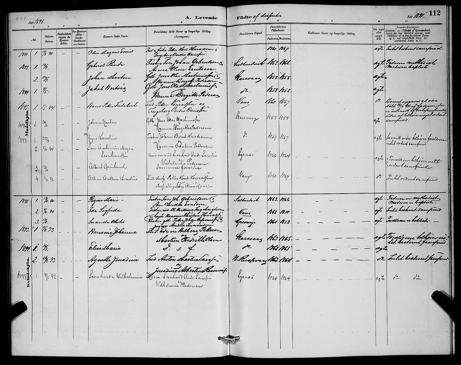 Lenvik sokneprestembete, AV/SATØ-S-1310/H/Ha/Hab/L0007klokker: Parish register (copy) no. 7, 1890-1898, p. 112