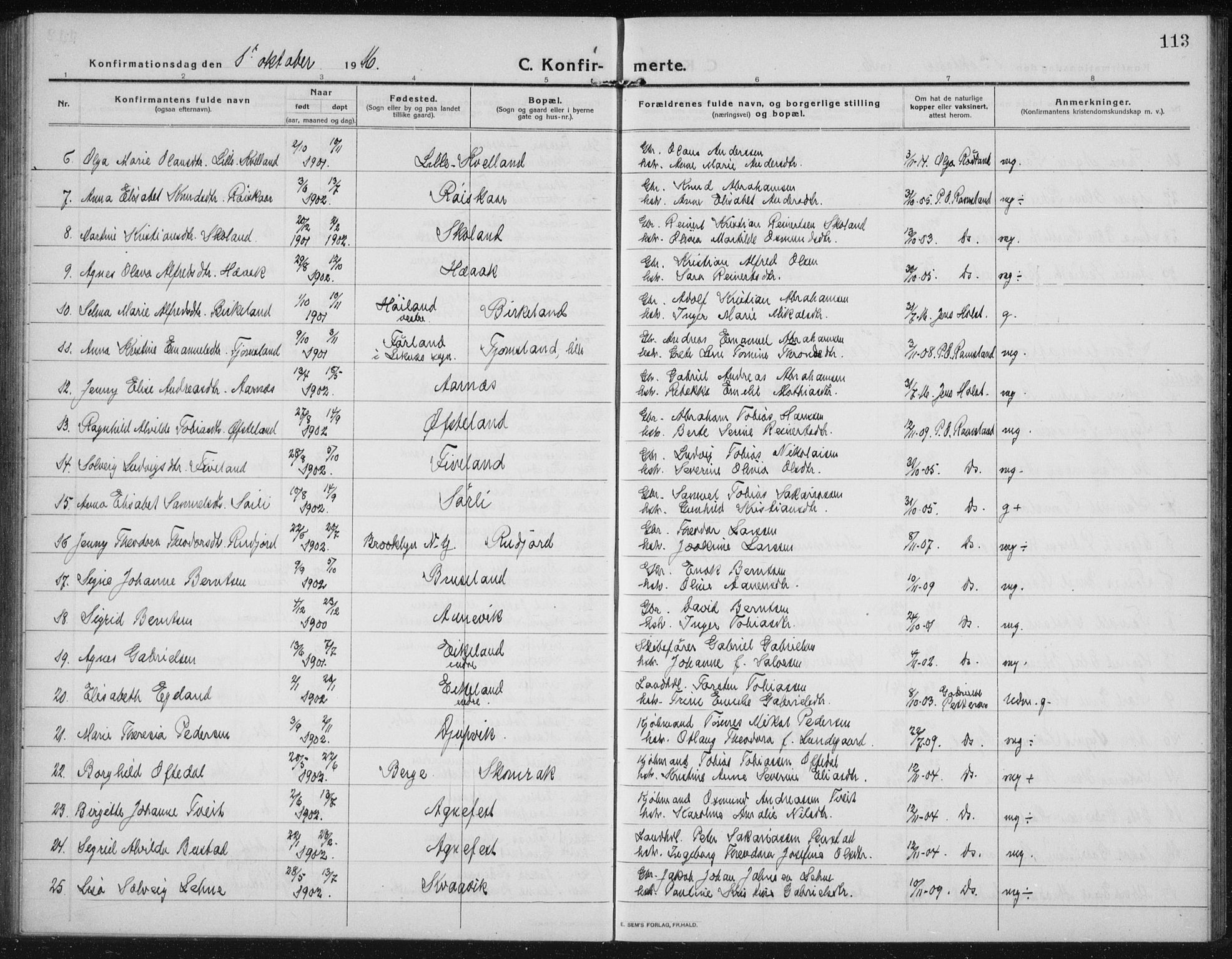 Lyngdal sokneprestkontor, AV/SAK-1111-0029/F/Fb/Fbc/L0006: Parish register (copy) no. B 6, 1914-1934, p. 113