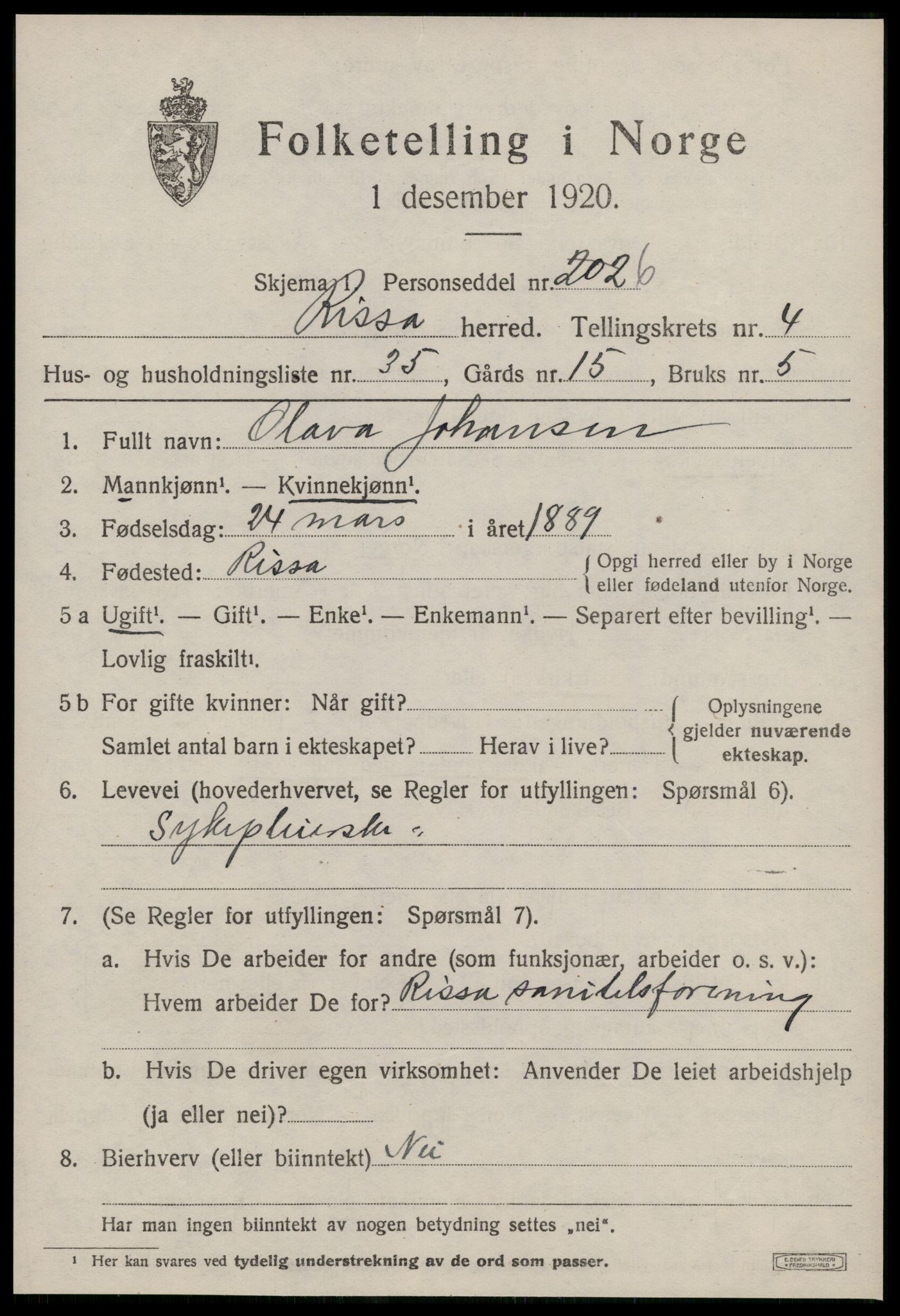 SAT, 1920 census for Rissa, 1920, p. 3349