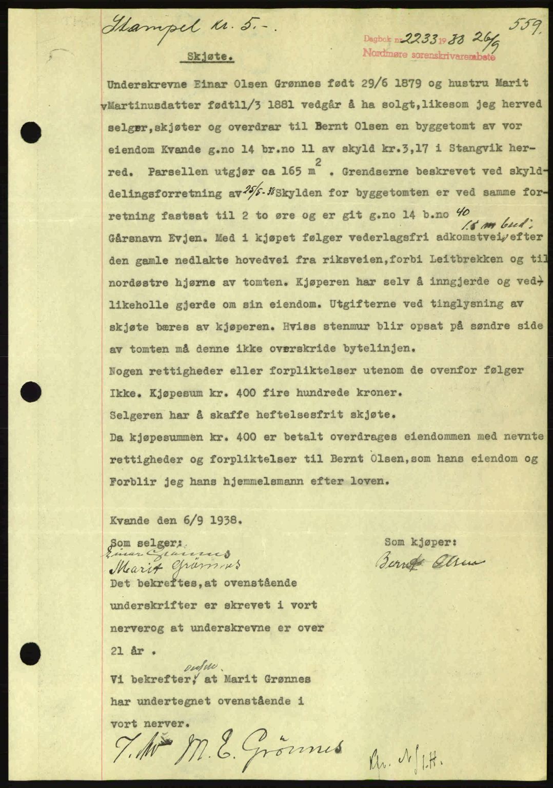 Nordmøre sorenskriveri, SAT/A-4132/1/2/2Ca: Mortgage book no. A84, 1938-1938, Diary no: : 2233/1938