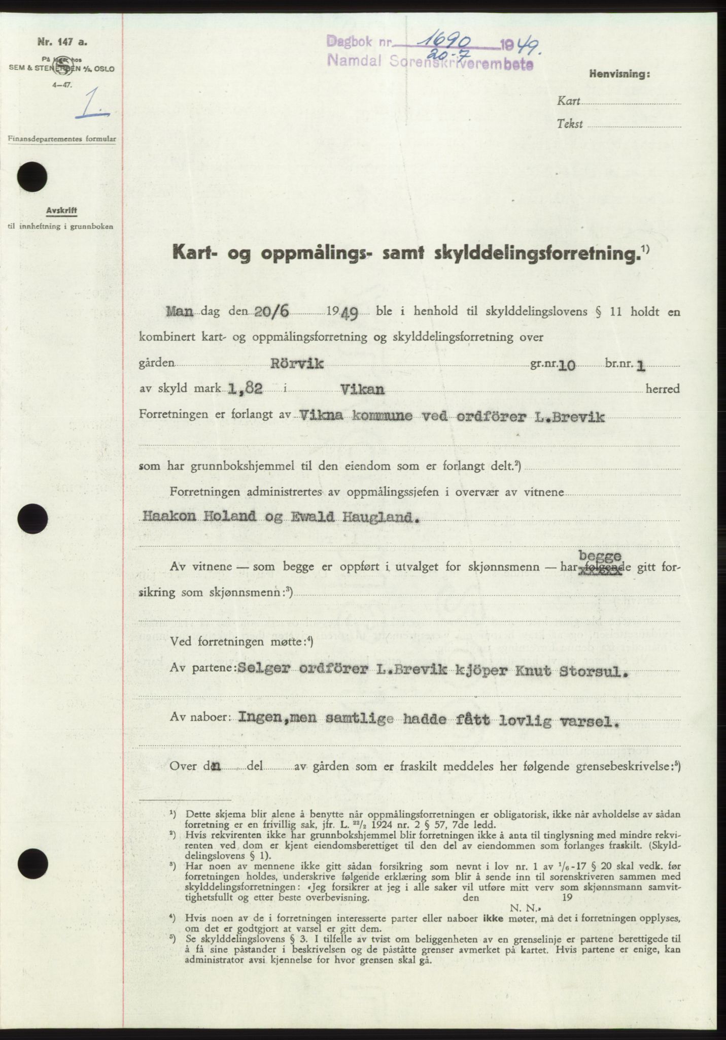 Namdal sorenskriveri, AV/SAT-A-4133/1/2/2C: Mortgage book no. -, 1949-1949, Diary no: : 1690/1949