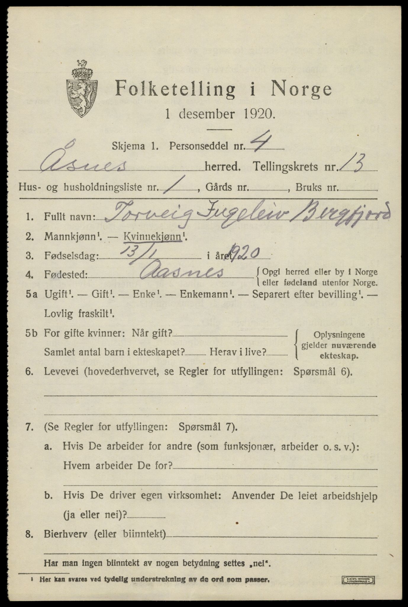 SAH, 1920 census for Åsnes, 1920, p. 12670