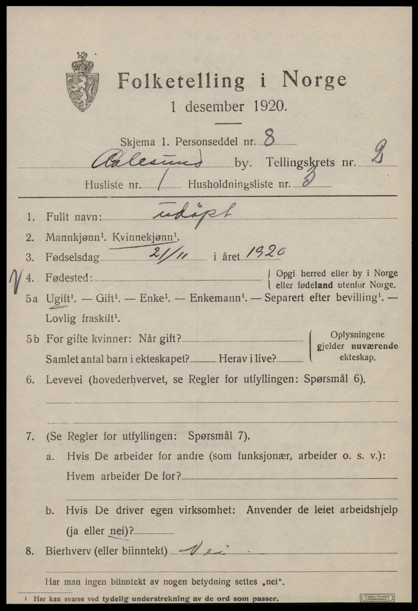 SAT, 1920 census for Ålesund, 1920, p. 10888