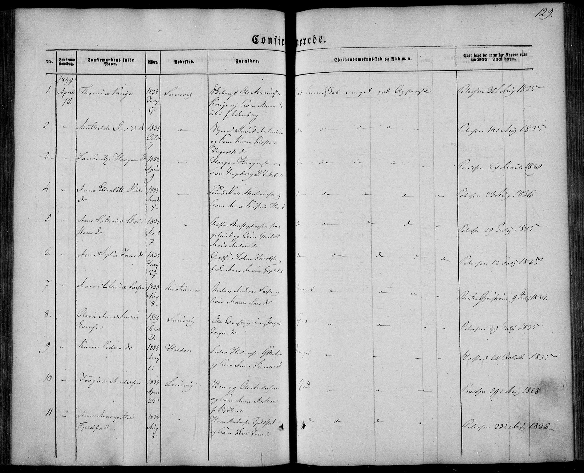 Larvik kirkebøker, AV/SAKO-A-352/F/Fa/L0003: Parish register (official) no. I 3, 1848-1856, p. 129