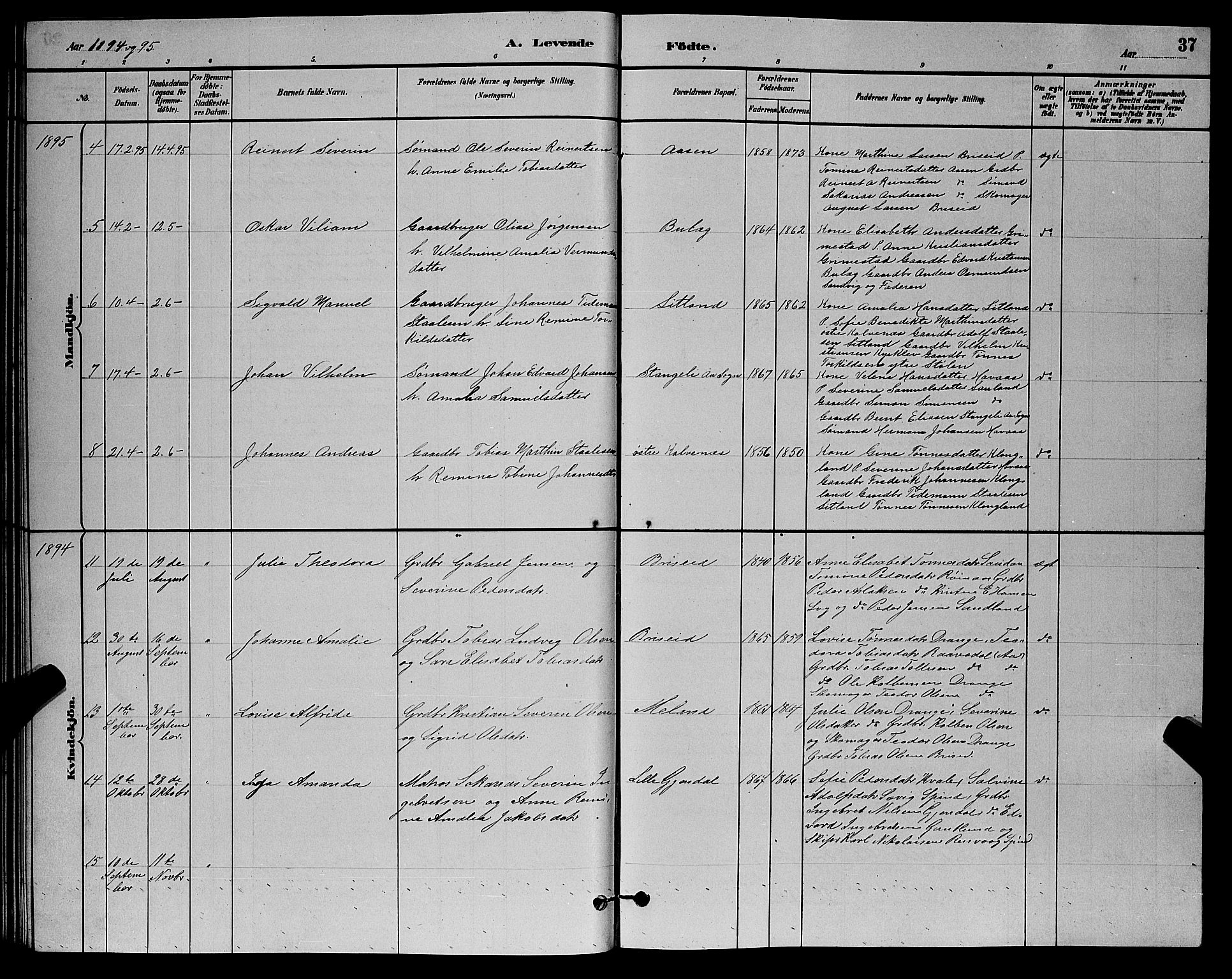 Herad sokneprestkontor, SAK/1111-0018/F/Fb/Fba/L0004: Parish register (copy) no. B 4, 1882-1899, p. 37