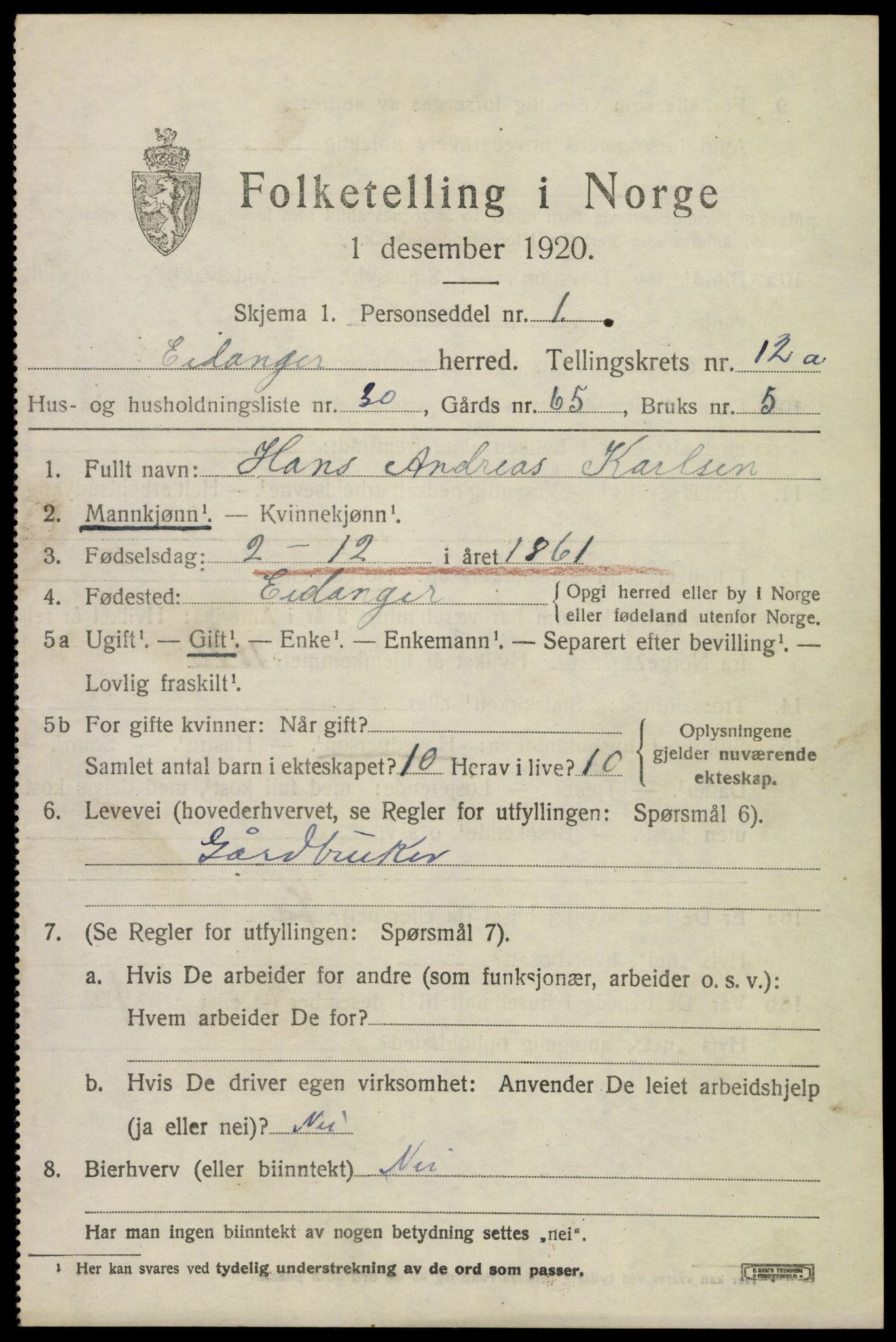 SAKO, 1920 census for Eidanger, 1920, p. 7508