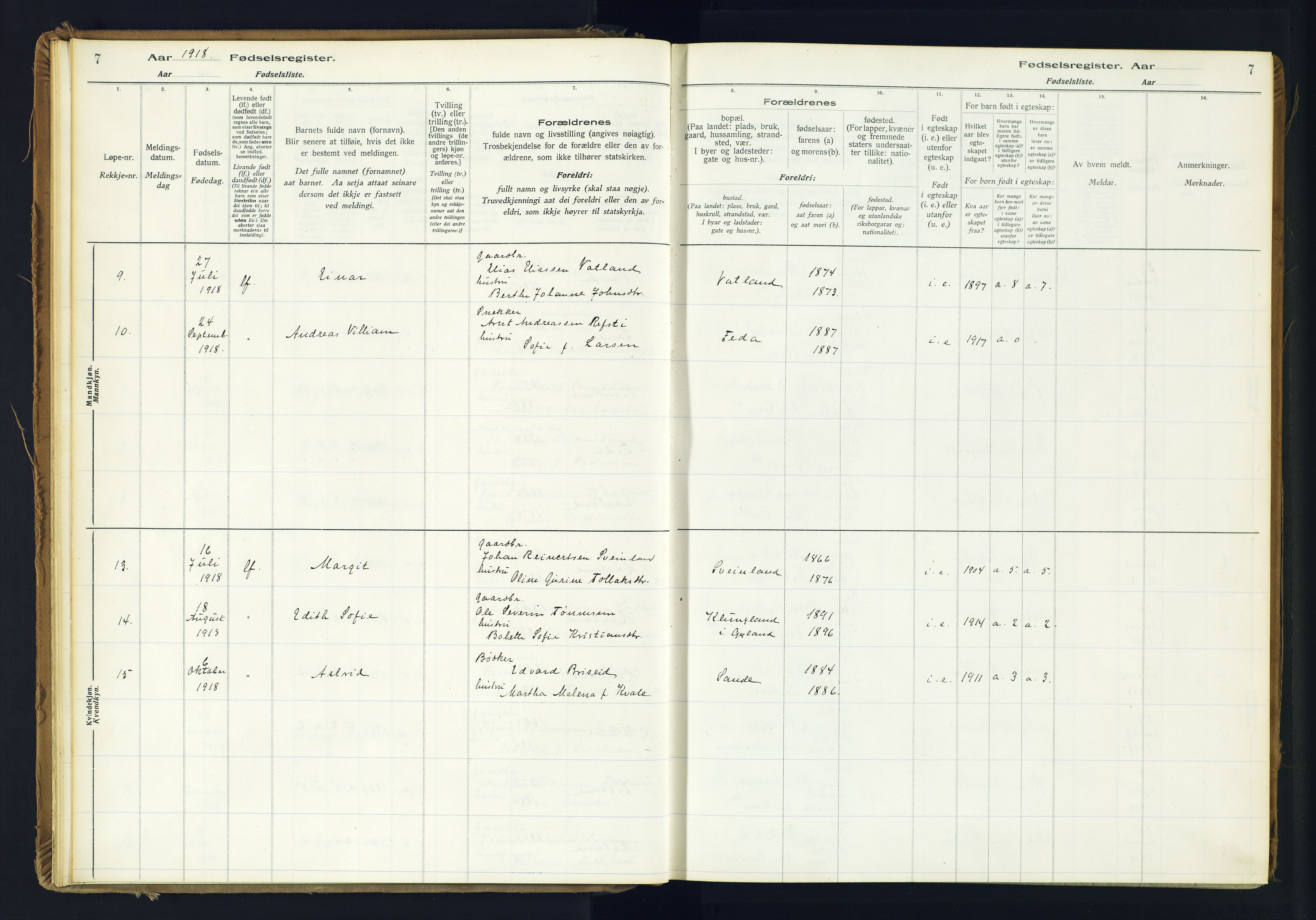 Kvinesdal sokneprestkontor, SAK/1111-0026/J/Ja/L0005: Birth register no. 5, 1916-1982, p. 7