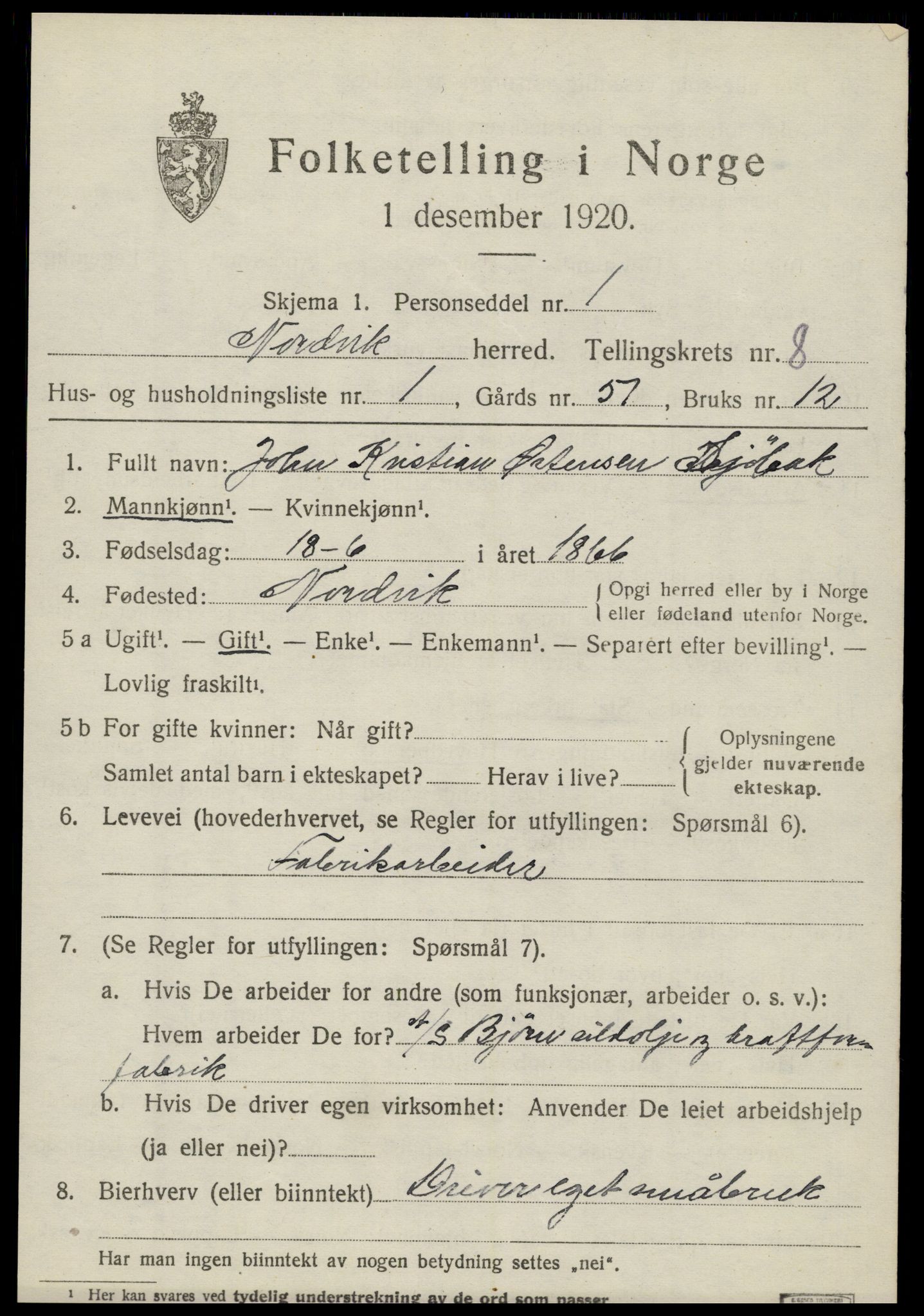 SAT, 1920 census for Nordvik, 1920, p. 2840