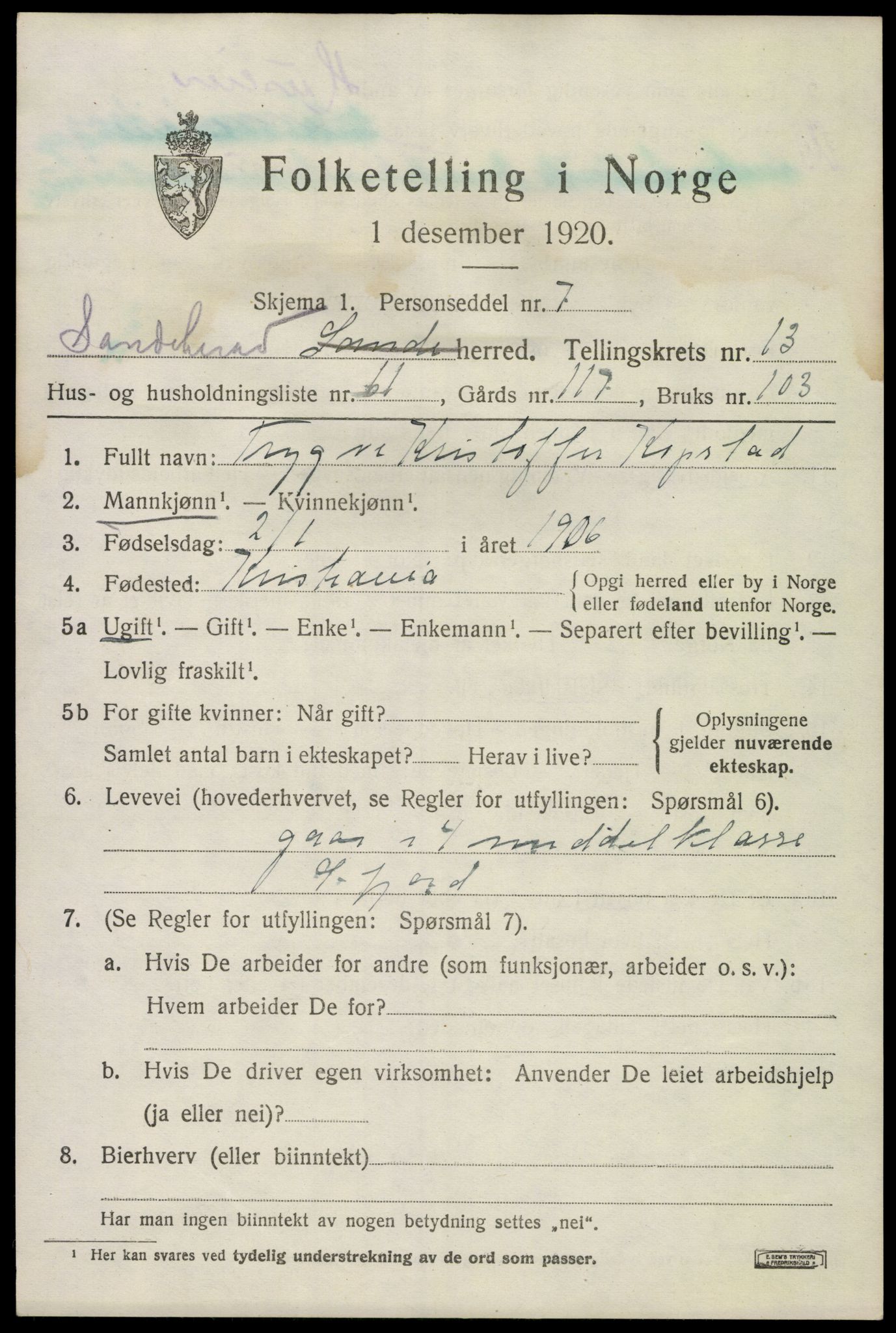 SAKO, 1920 census for Sandeherred, 1920, p. 20146