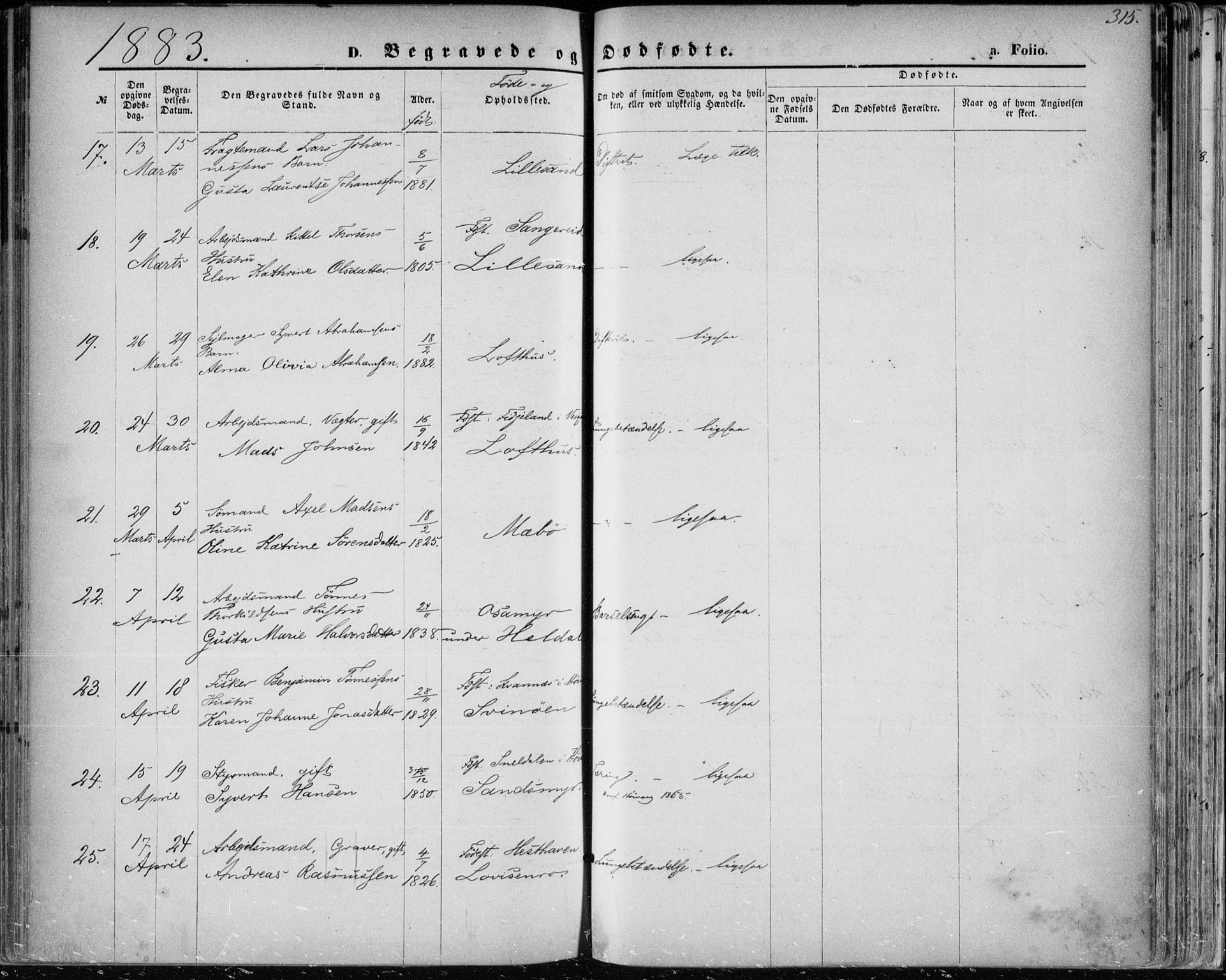 Vestre Moland sokneprestkontor, AV/SAK-1111-0046/F/Fa/Fab/L0008: Parish register (official) no. A 8, 1873-1883, p. 315