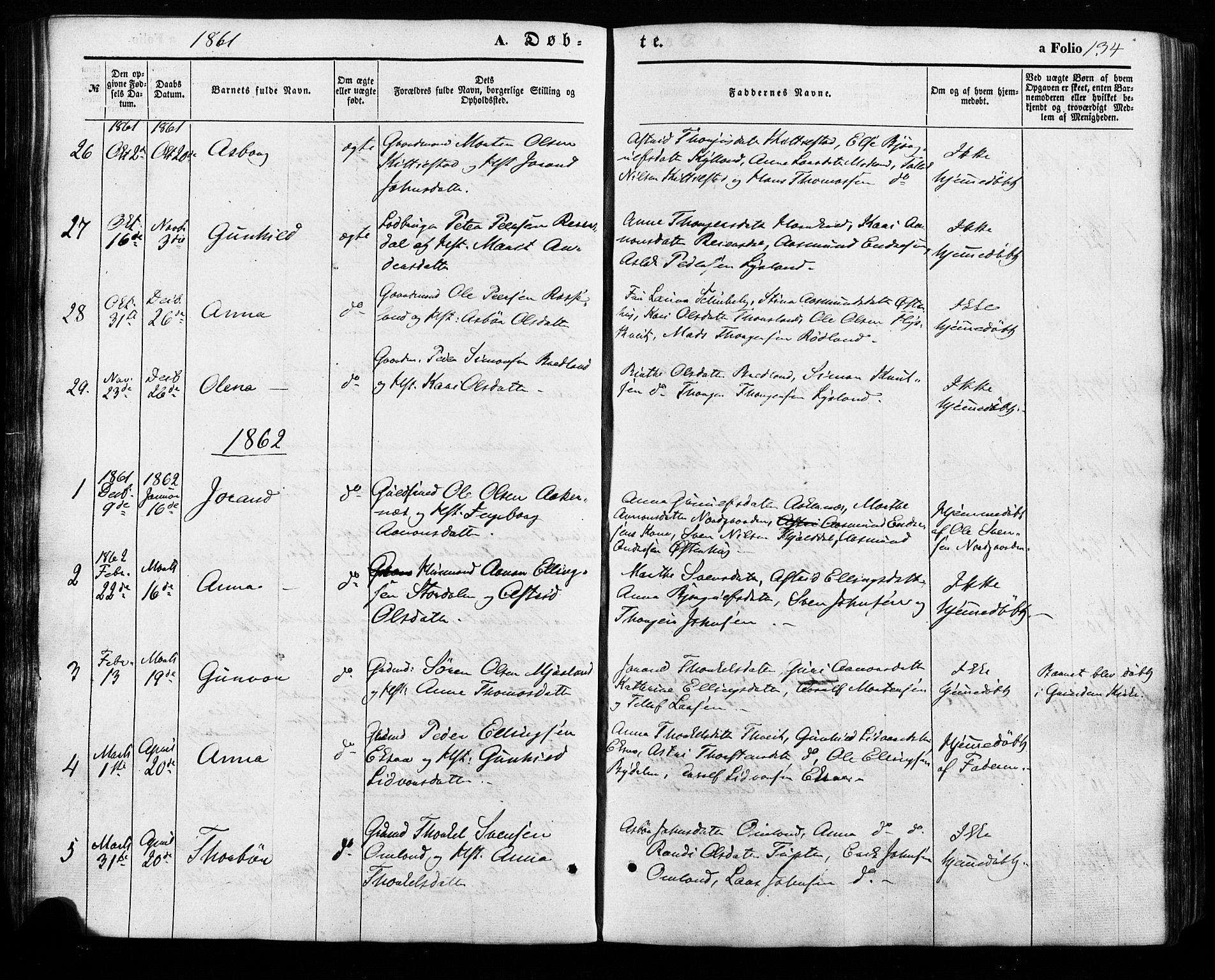 Åseral sokneprestkontor, SAK/1111-0051/F/Fa/L0002: Parish register (official) no. A 2, 1854-1884, p. 134