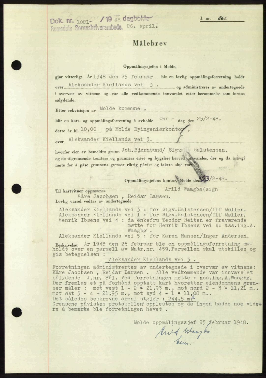 Romsdal sorenskriveri, AV/SAT-A-4149/1/2/2C: Mortgage book no. A26, 1948-1948, Diary no: : 1021/1948