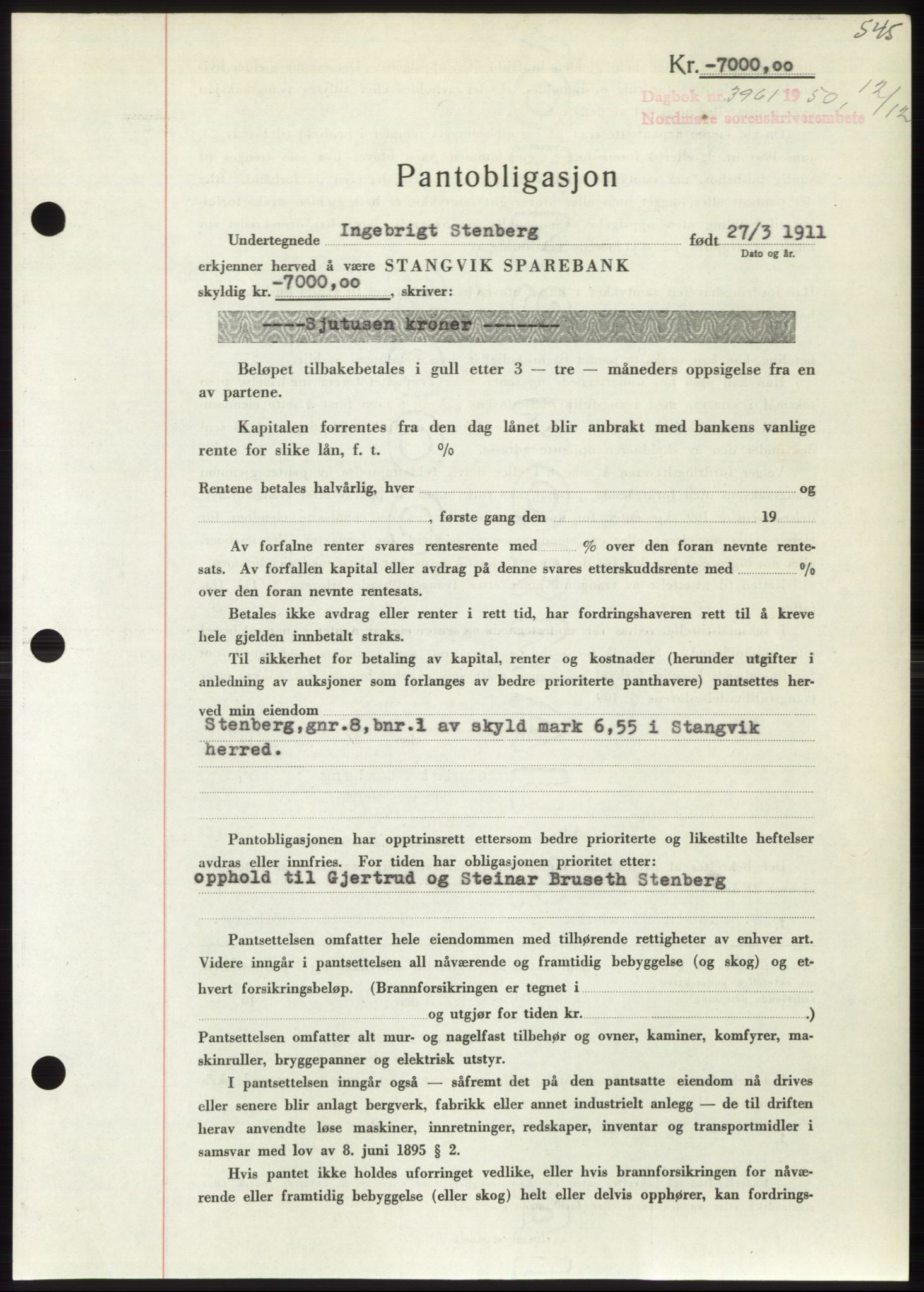 Nordmøre sorenskriveri, AV/SAT-A-4132/1/2/2Ca: Mortgage book no. B106, 1950-1950, Diary no: : 3961/1950