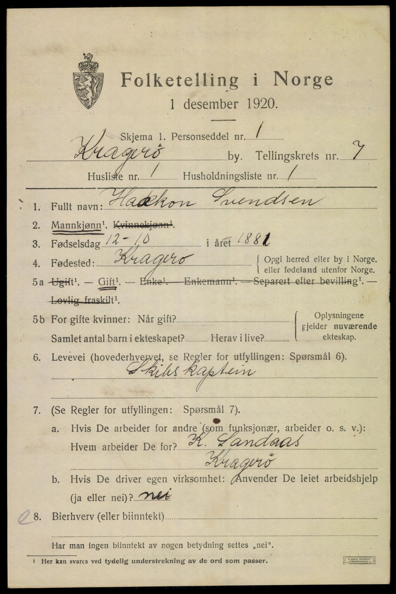 SAKO, 1920 census for Kragerø, 1920, p. 9719