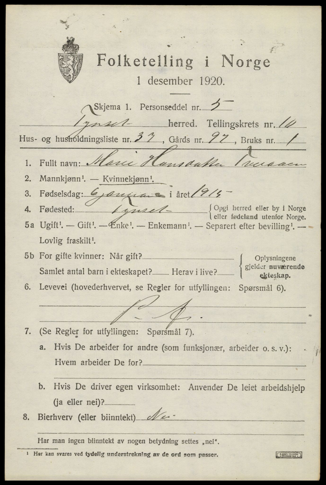 SAH, 1920 census for Tynset, 1920, p. 8008