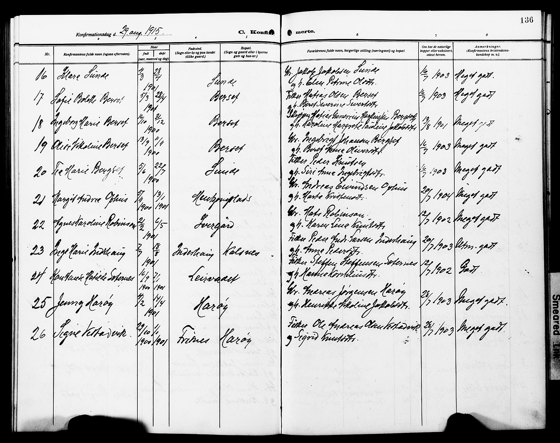 Ministerialprotokoller, klokkerbøker og fødselsregistre - Møre og Romsdal, SAT/A-1454/566/L0774: Parish register (copy) no. 566C03, 1910-1929, p. 136