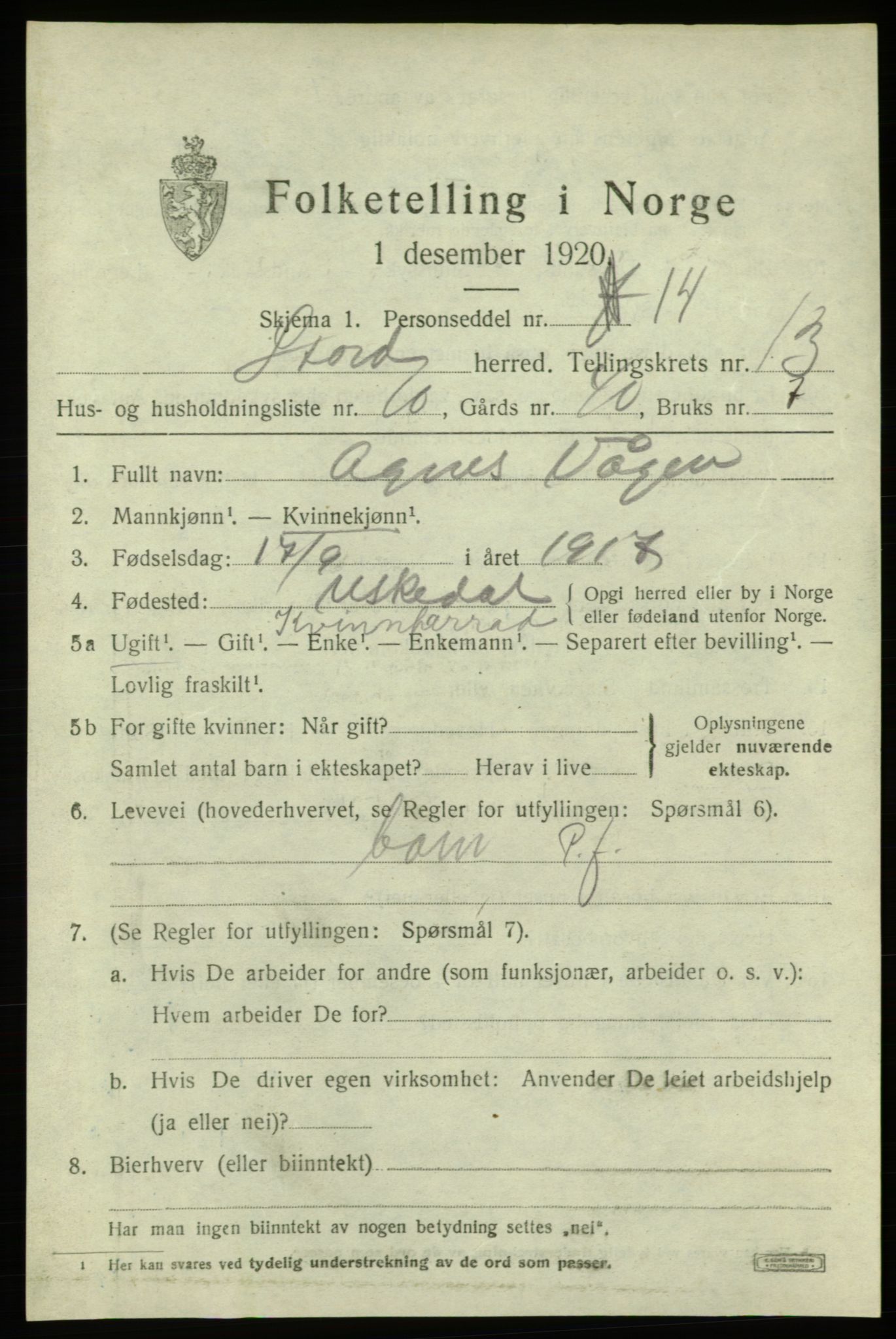 SAB, 1920 census for Stord, 1920, p. 7551