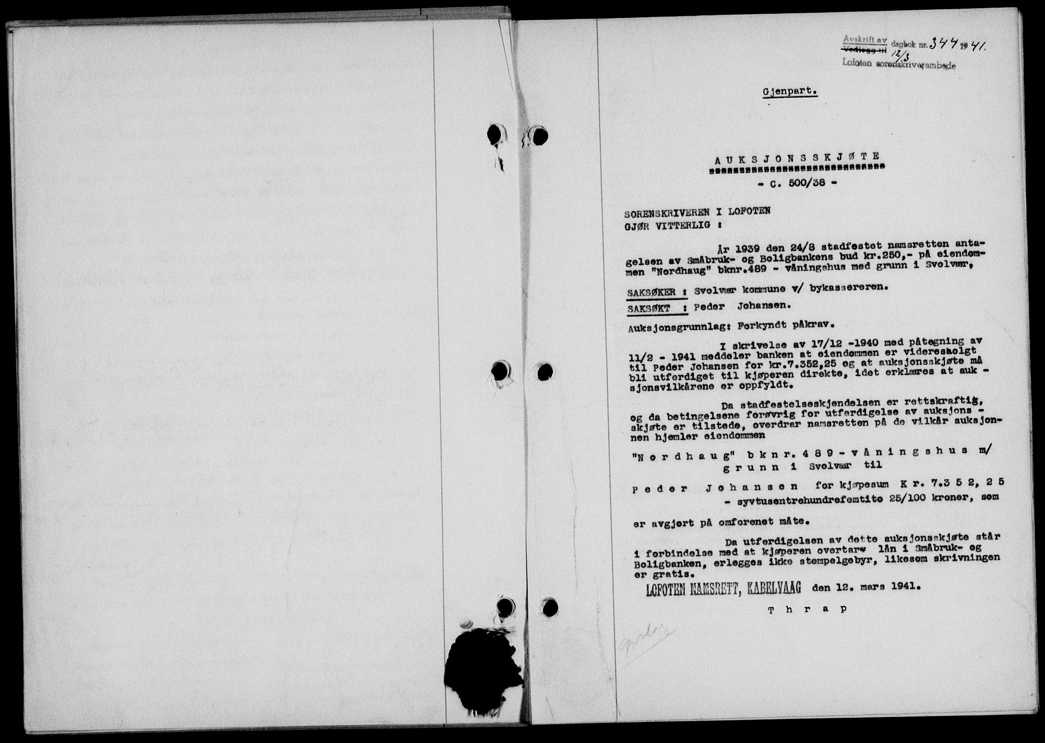 Lofoten sorenskriveri, SAT/A-0017/1/2/2C/L0008a: Mortgage book no. 8a, 1940-1941, Diary no: : 344/1941