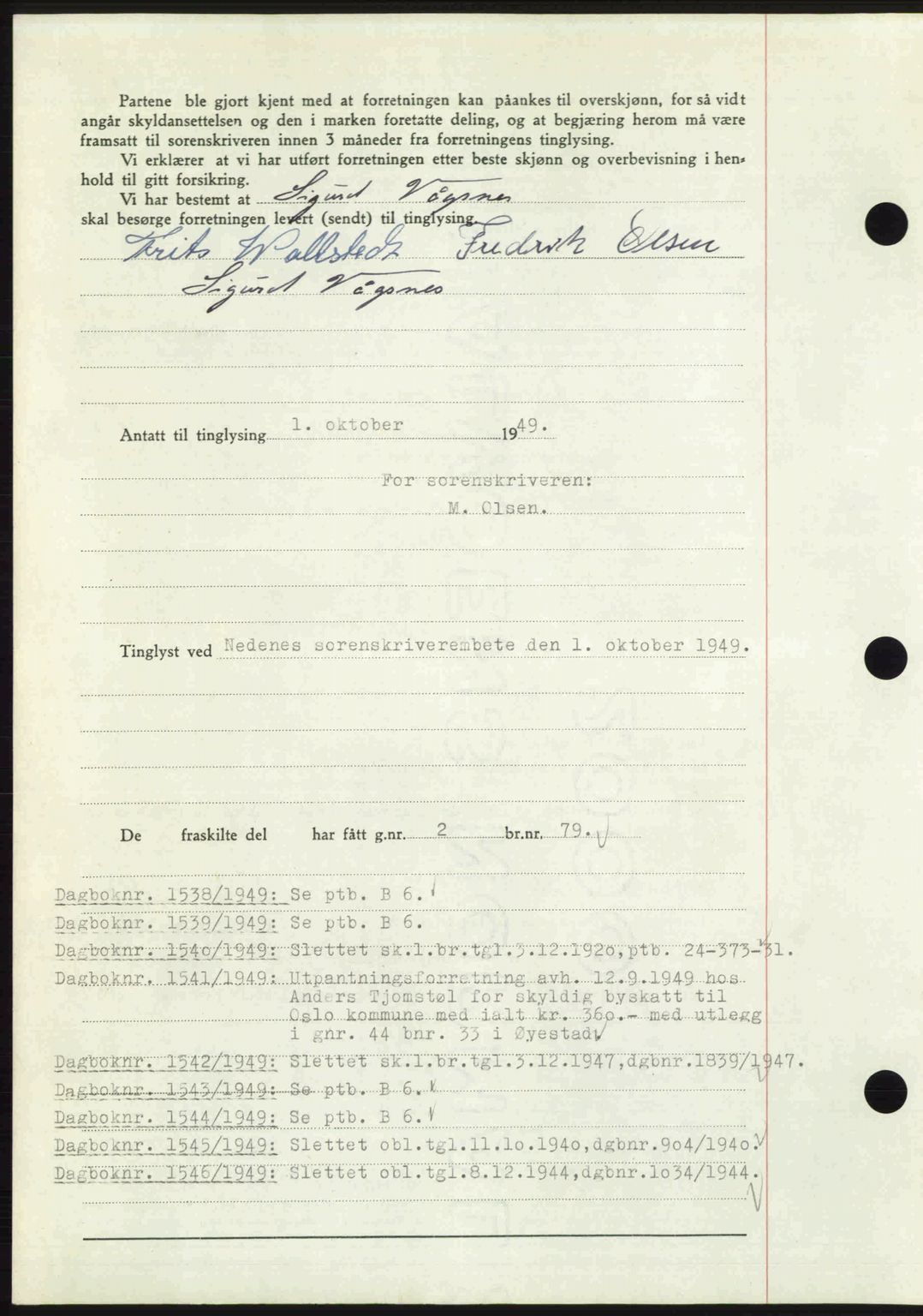 Nedenes sorenskriveri, AV/SAK-1221-0006/G/Gb/Gba/L0061: Mortgage book no. A13, 1949-1949, Diary no: : 1537/1949