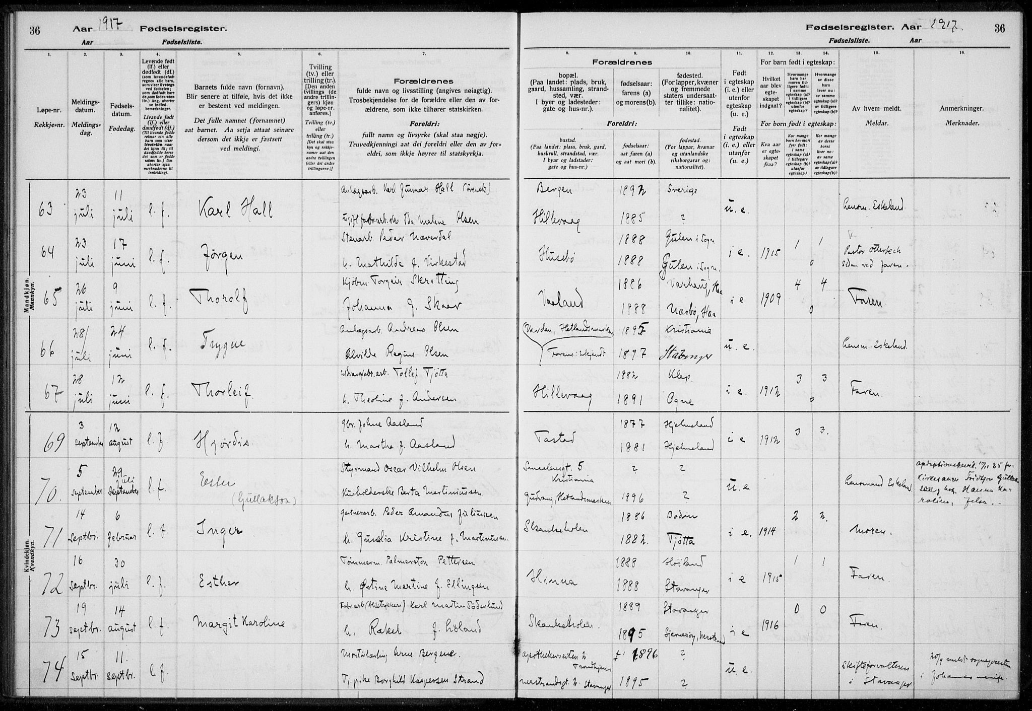 Hetland sokneprestkontor, SAST/A-101826/70/704BA/L0003: Birth register no. 1, 1916-1923, p. 36