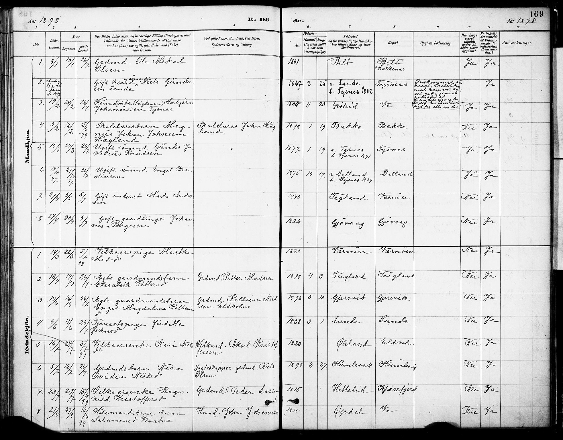 Tysnes sokneprestembete, SAB/A-78601/H/Haa: Parish register (official) no. B 1, 1887-1906, p. 169