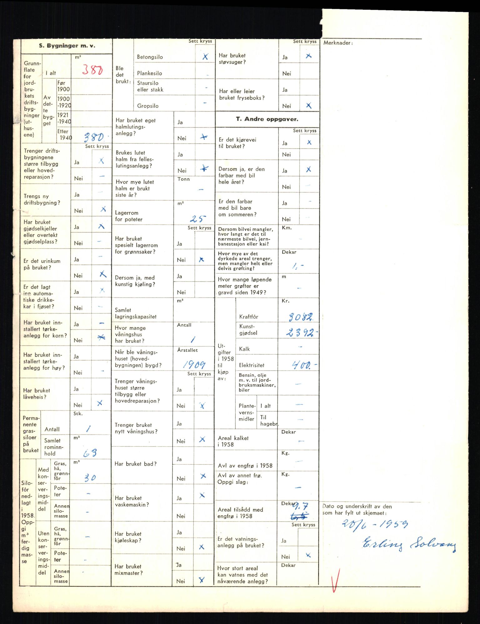 Statistisk sentralbyrå, Næringsøkonomiske emner, Jordbruk, skogbruk, jakt, fiske og fangst, AV/RA-S-2234/G/Gd/L0655: Troms: 1924 Målselv (kl. 4-10), 1959, p. 2217